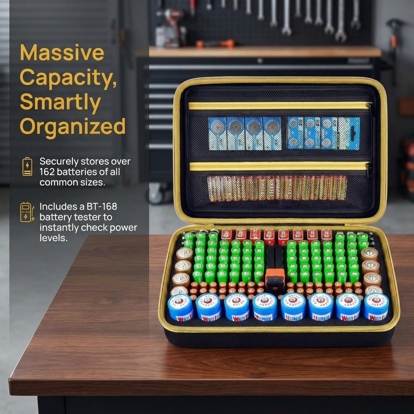 Boobowl Batterie Aufbewahrungsbox Tragetasche, Batteriebox Organizer Tasche mit Batterietester Hält bis zu 162 Batterien Varietätspackungen AA AAA AAAA C D 9 V 3 V Lithium (nur Box)