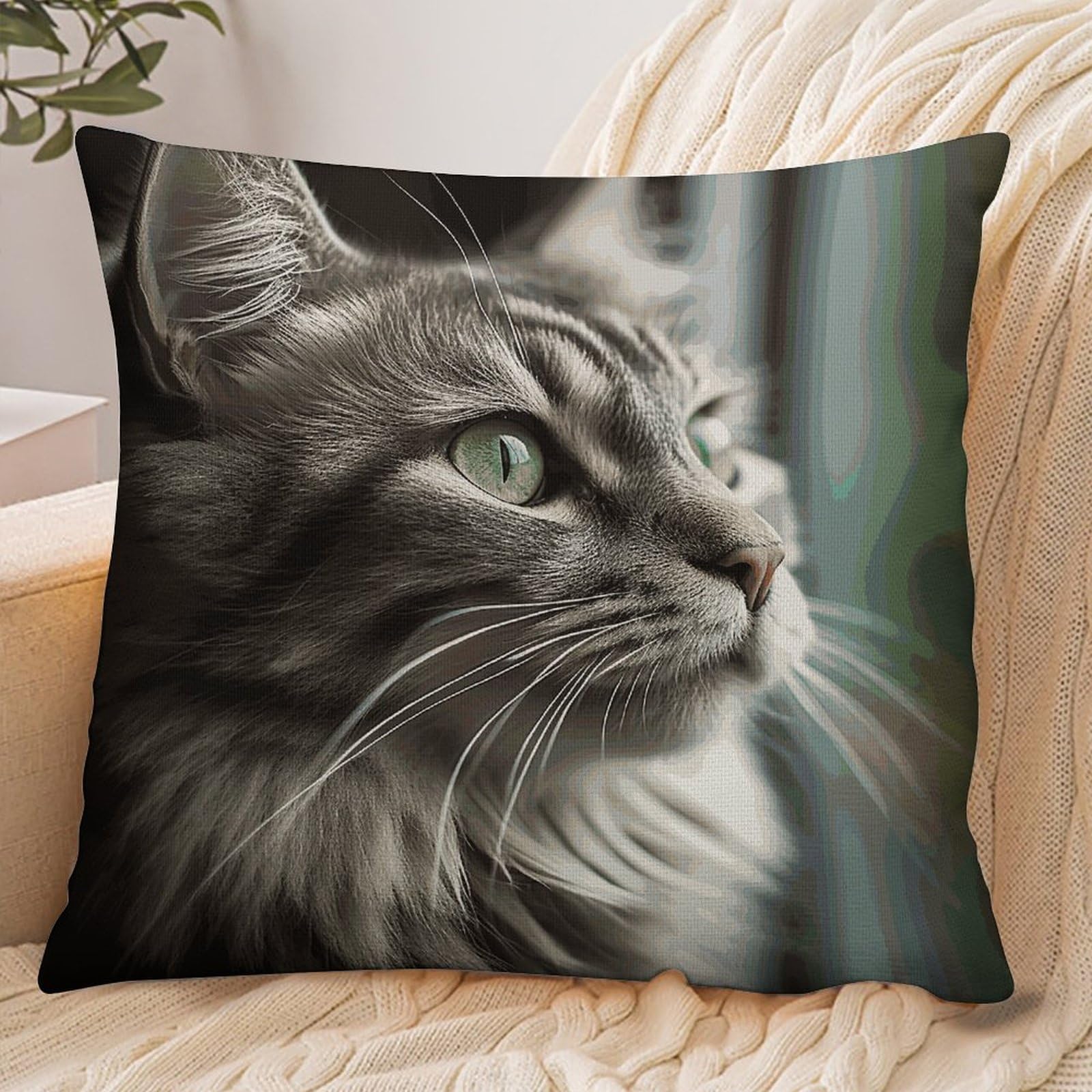 Fekiloot Style Gray Cat With Green Eyes Pillowcase Pillow Sham Pillow Case