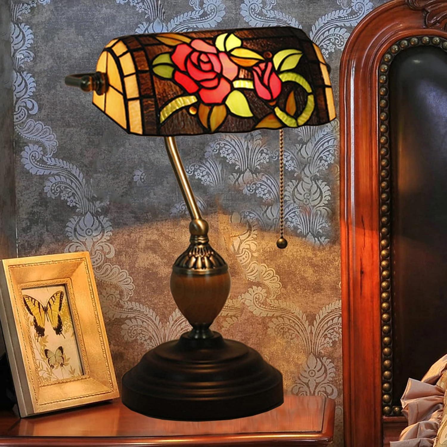 Lampa bankierska w stylu vintage Lampa stołowa w stylu Tiffany'ego Lampa na biurko z fortepianem Antyczna podstawa ze stopu Lampka nocna do sypialni Salon Witraż, złoty (czerwona róża)