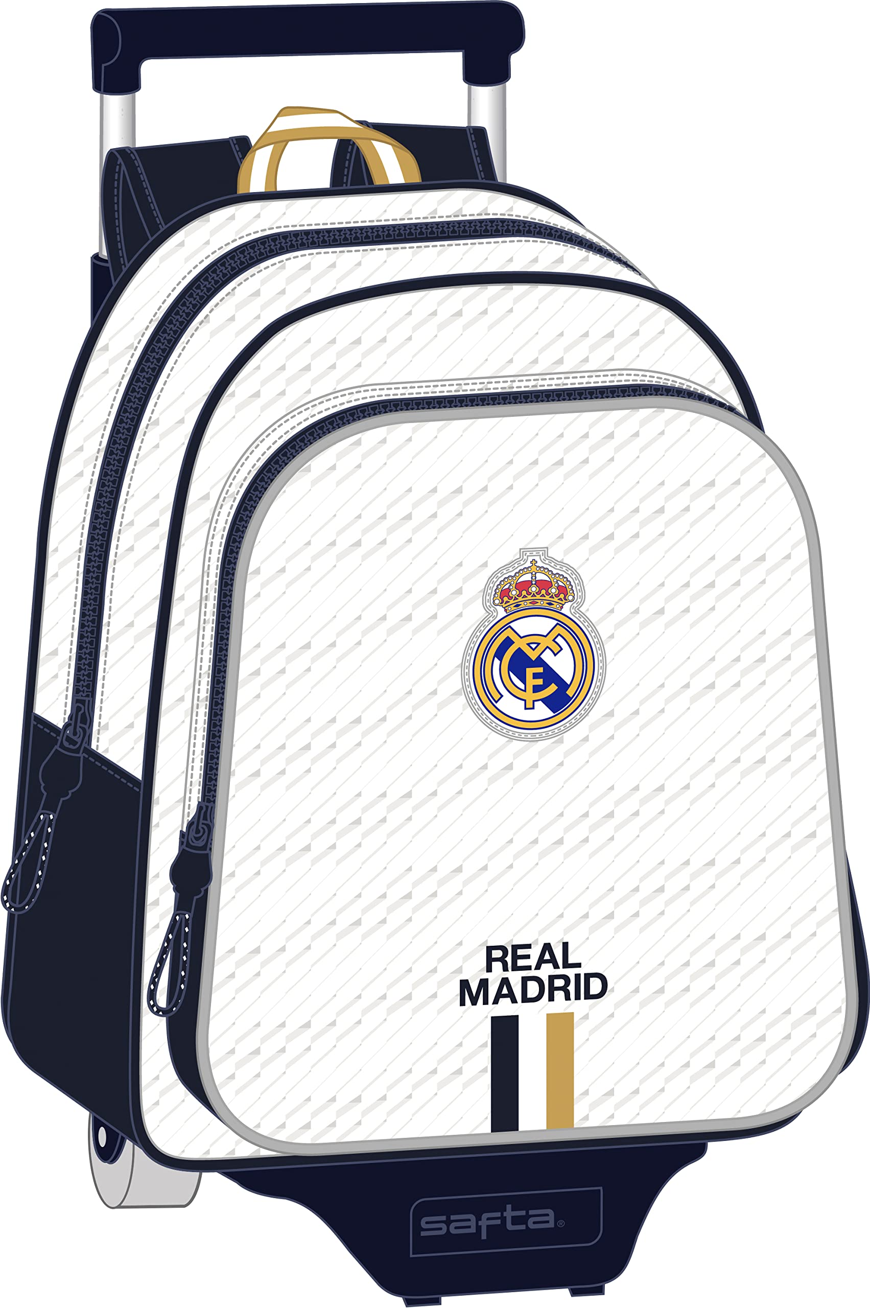 Safta REAL MADRID - Mochila Infantil con Carro 705, Ideal para Niños de Diferentes Edades, Cómoda y Versátil, Calidad y Resistencia, 28x10x34 cm, Color Blanco