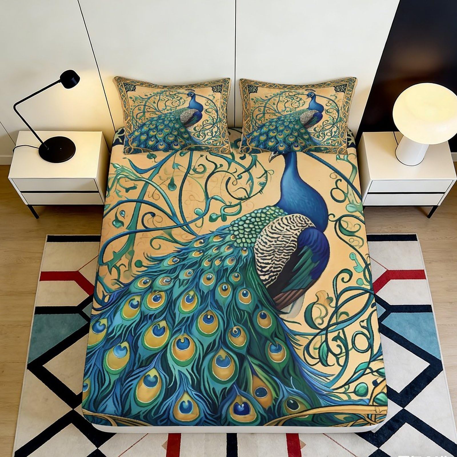 3D Printed Peacock Feather Fitted Sheet Microfiber Soft Artistic Peacock Pattern Bed Cover for Bedroom Guest Room Decor 90x200x25cm