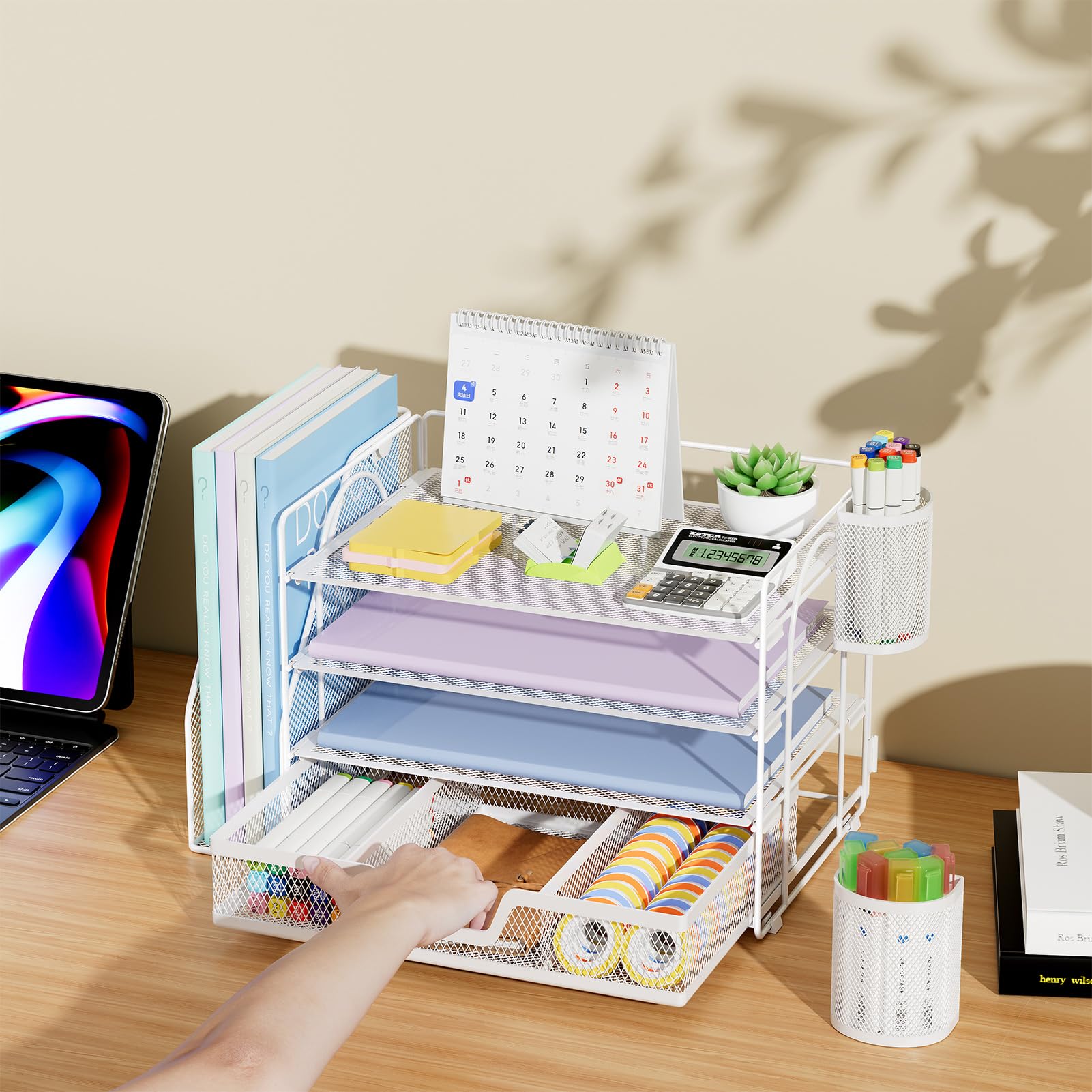 Marbrasse Organizer da scrivania e accessori, organizer per lettere a 4 livelli con porta documenti, accessori da scrivania e spazio di lavoro, organizer da scrivania con cassetto e 2 portapenne, per