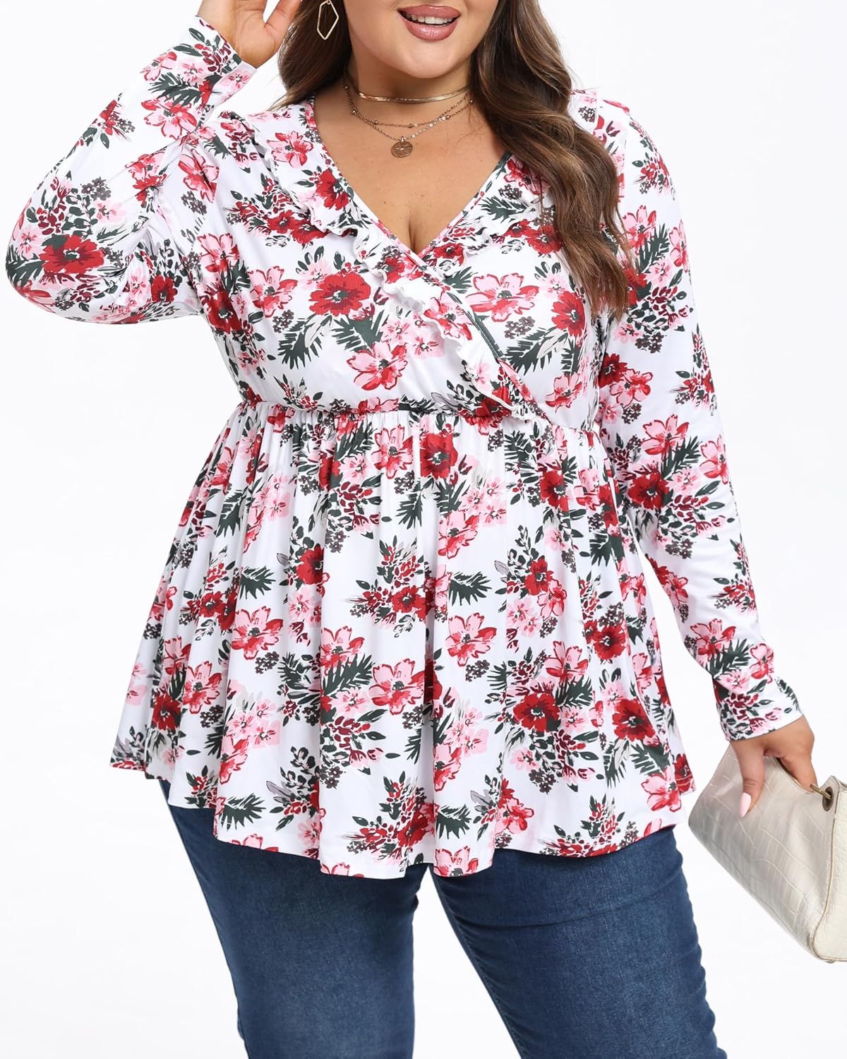 Womens Plus Size Long Sleeve Fall Tops Ruffle Wrap V Neck Pleated Shirts Dressy Casual Loose Tunic Blouse - Image 3