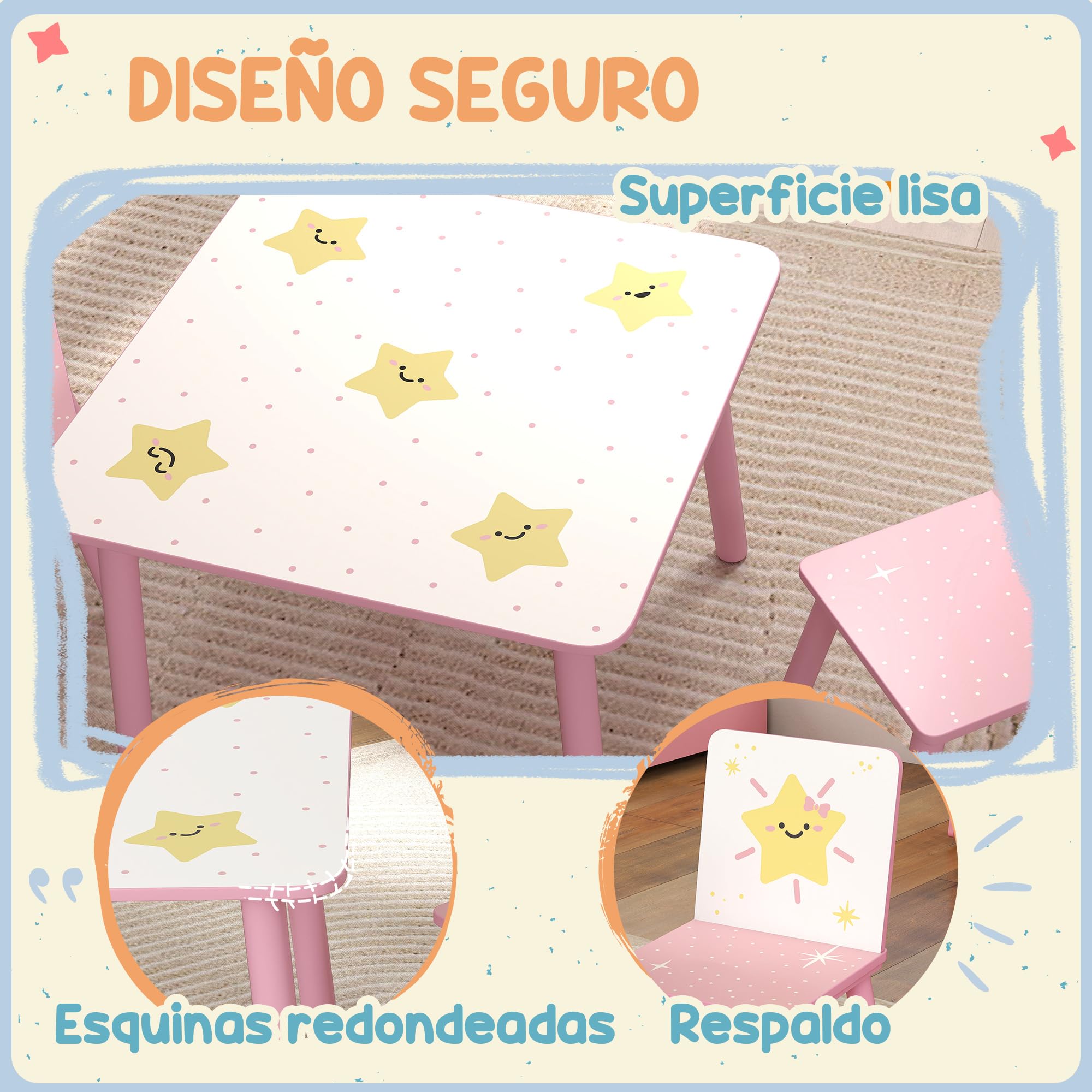 AIYAPLAY Mesa y Sillas Infantiles de 3 Piezas, Mesa Infantil con 2 Sillas de Madera de Pino, Juego de Muebles con Dibujos de Estrella para niños de +3 Años, para Dormitorio, Sala de Juegos, Rosa