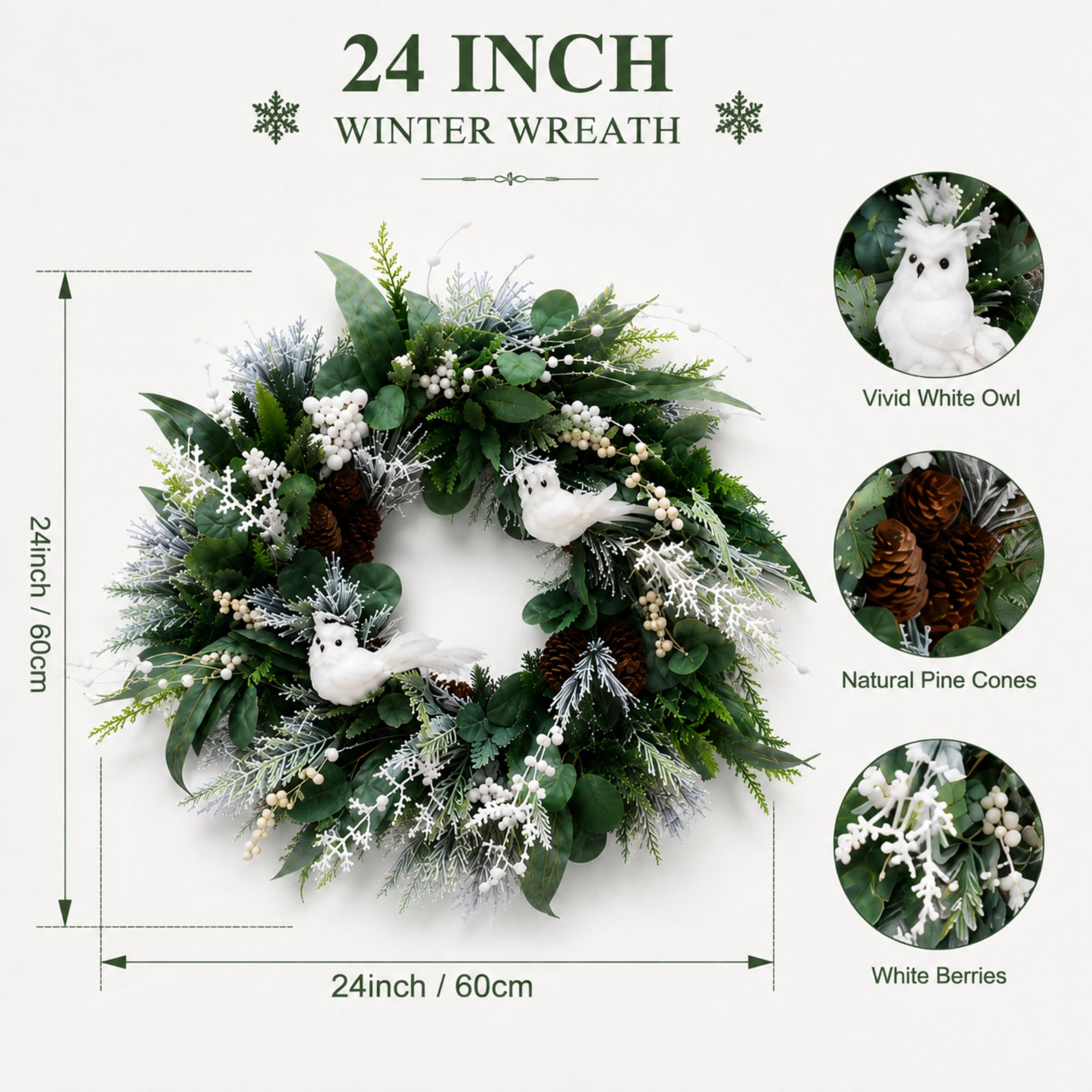 Norme Ghirlanda invernale da 61 cm per porta d'ingresso, ghirlanda natalizia con gufo bianco, pigne di cedro e bacche bianche, decorazioni invernali innevate artificiali da appendere per le pareti