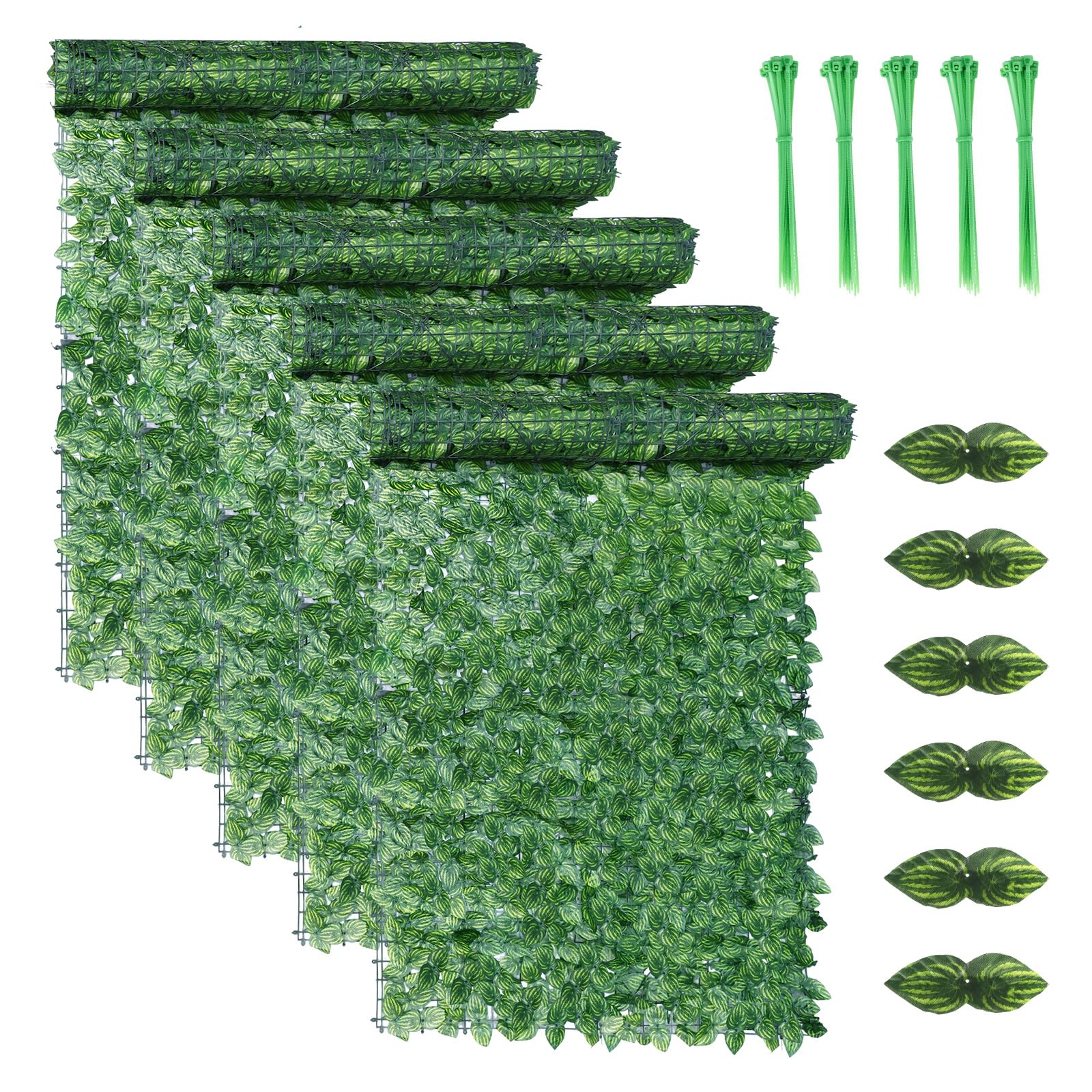 5PCS Artificial Ivy Fence Screening, 5m x 1m Artificial Hedge Screening, Privacy Fence Screen Artificial Hedge Roll, Artificial Trellis Screening with 100 Zip Ties for Garden Balcony Outdoor Decor
