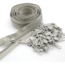 Leekayer #5 Gray Nylon Coil Zippers by The Yards Bulk 10 Yards with 25pcs Sliders for DIY Tailor Sewing Craft,Bag,Luggage,Dress,Sofa Cushion,PillowGrey