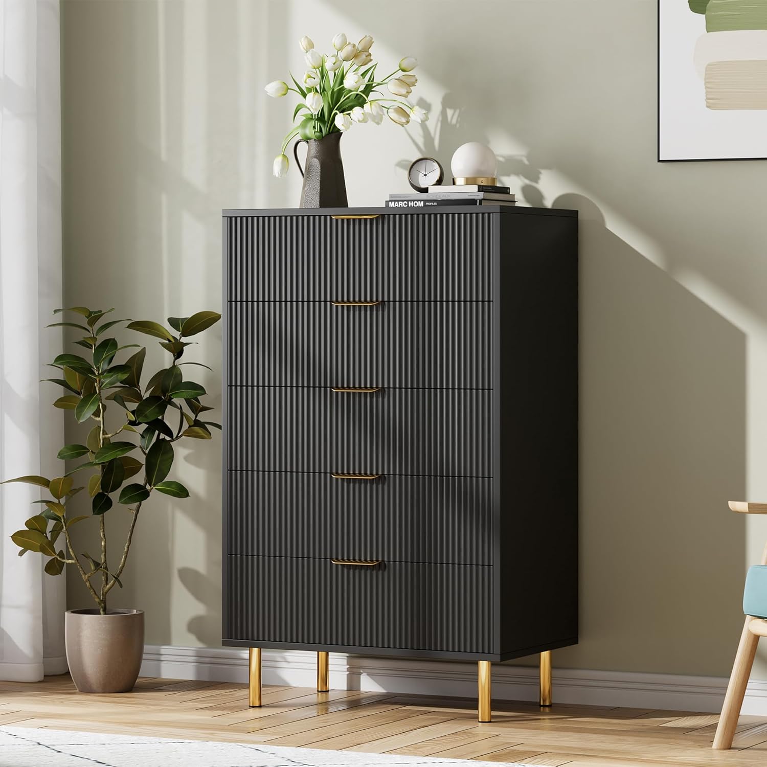 IDEALHOUSE Black Dresser, Modern 5 Drawer Dresser for Bedroom with Gold Handle and Large Drawer, Wood Double Chest of Drawers and Storage Organizer for Living Room, Hallway, Entryway