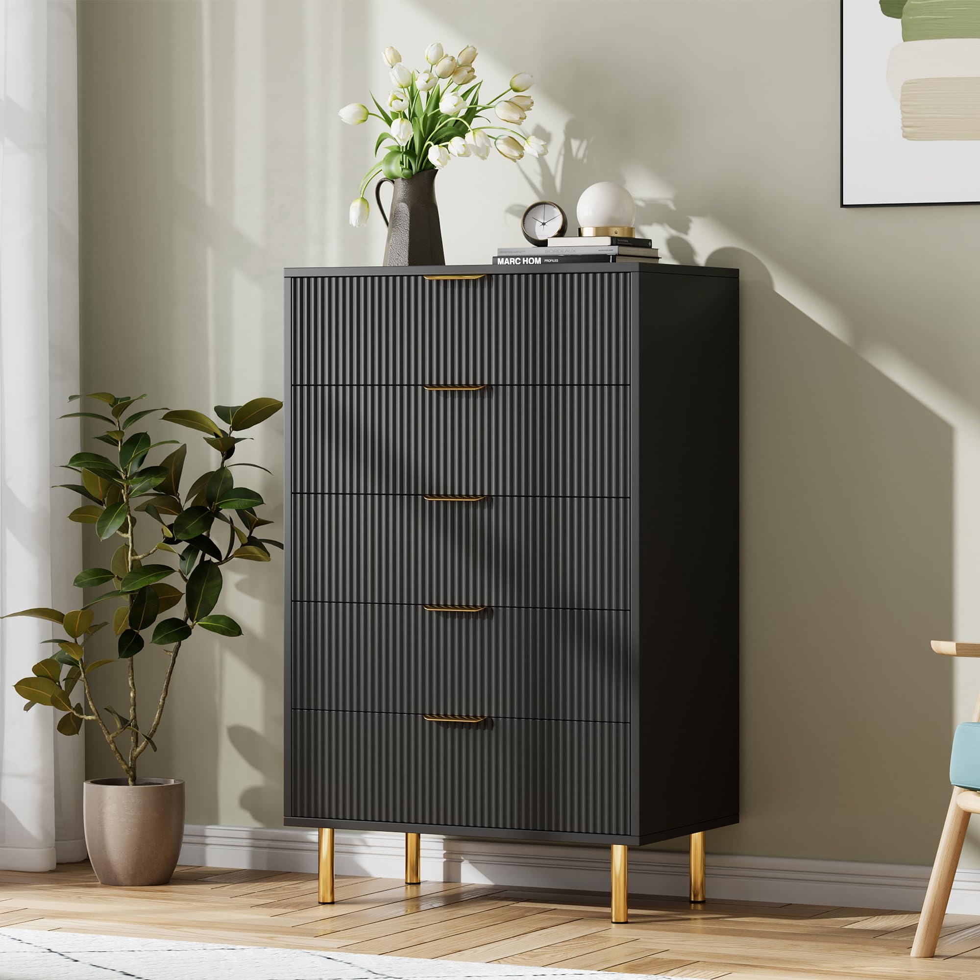 IDEALHOUSE Black Dresser, Modern 5 Drawer Dresser for Bedroom with Gold Handle and Large Drawer, Wood Double Chest of Drawers and Storage Organizer