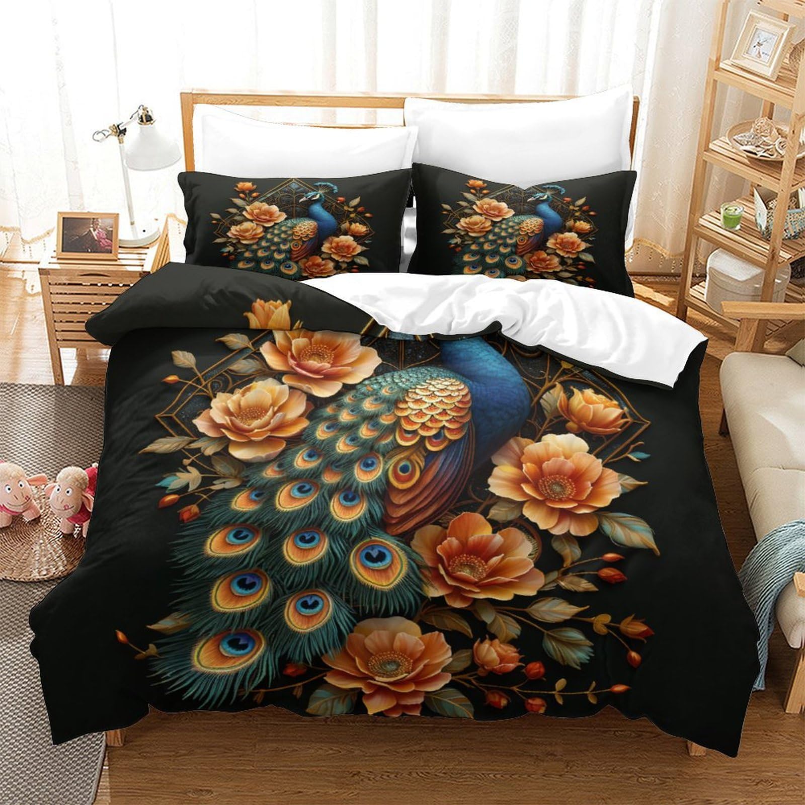 Housse de couette 260x220cm paon au motif animalier tridimensionnel haut de gamme