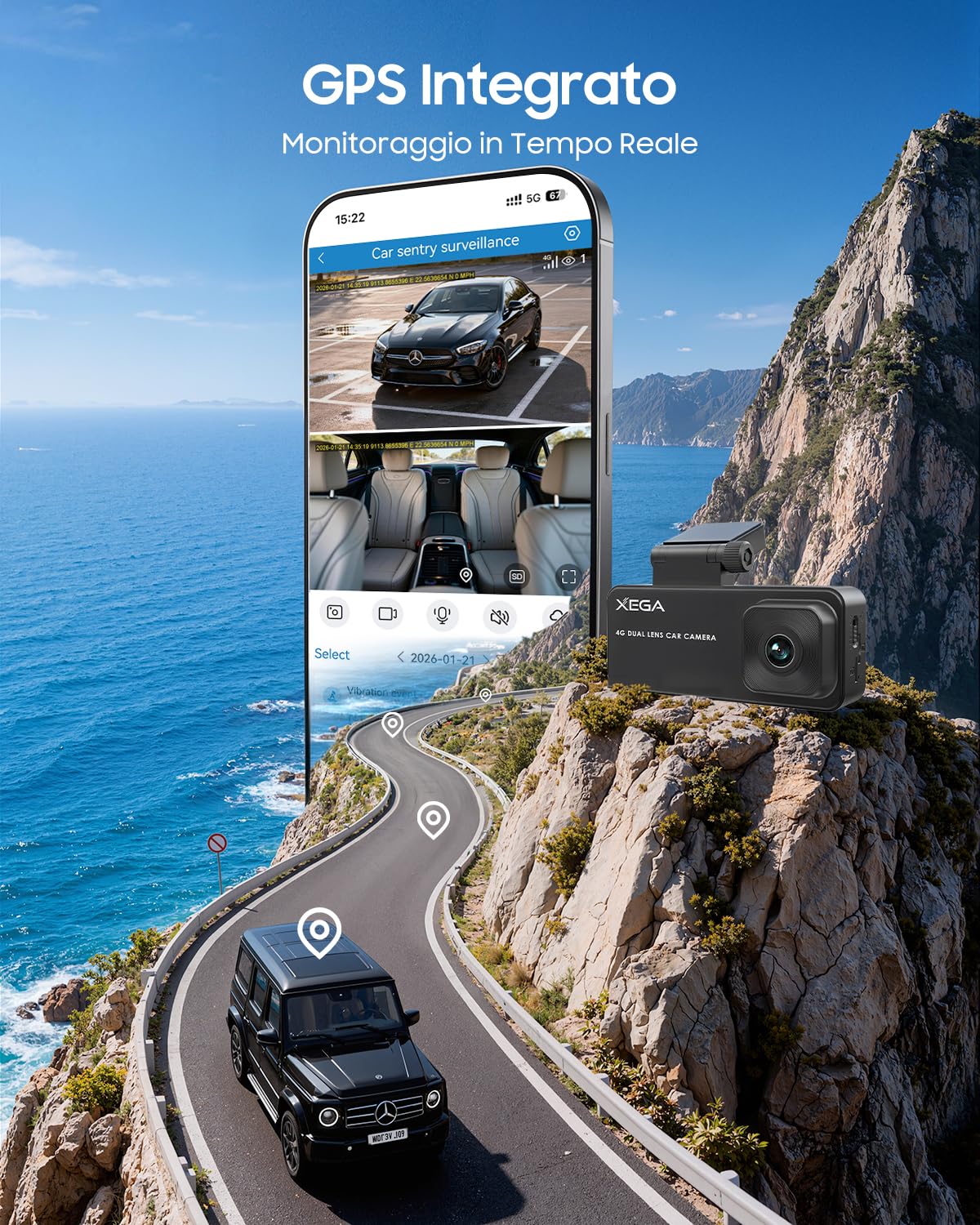 XEGA Dash Cam Auto 2K 4G con Scheda SIM, GPS, Monitoraggio di Parcheggio, Rilevamento Collisione/Movimento Radar, Audio Bidirezionale, Modalità Privacy, Video in Diretta/Cloud