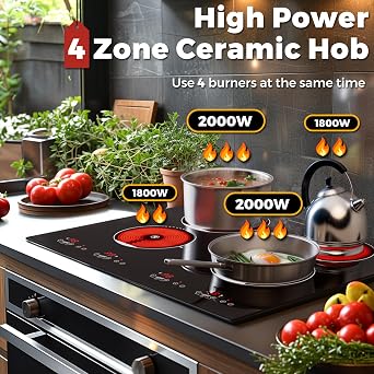 ADVWIN Electric Cooktop, 4 Burner Electric Stove Top,24 Inch Built-in 6000W Ceramic Cooktop with 4H Timer, Kid Safety Lock and Knob Control, 9 Heating Level,220v(no plug) (4 burners)