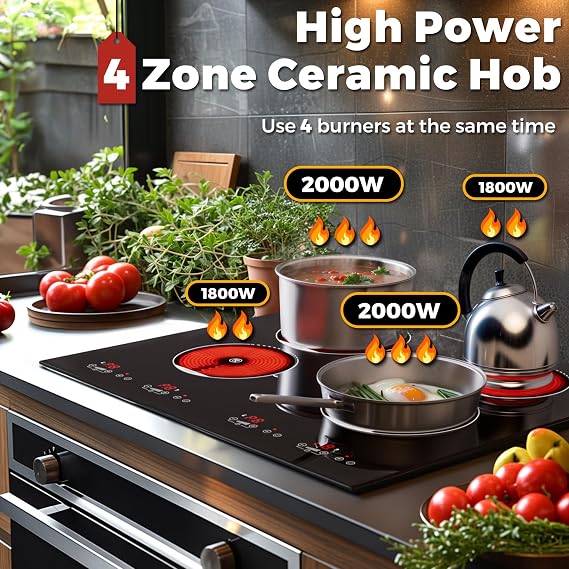 ADVWIN Electric Cooktop, 4 Burner Electric Stove Top,24 Inch Built-in 6000W Ceramic Cooktop with 4H Timer, Kid Safety Lock and Knob Control, 9 Heating Level,220v(no plug) (4 burners)