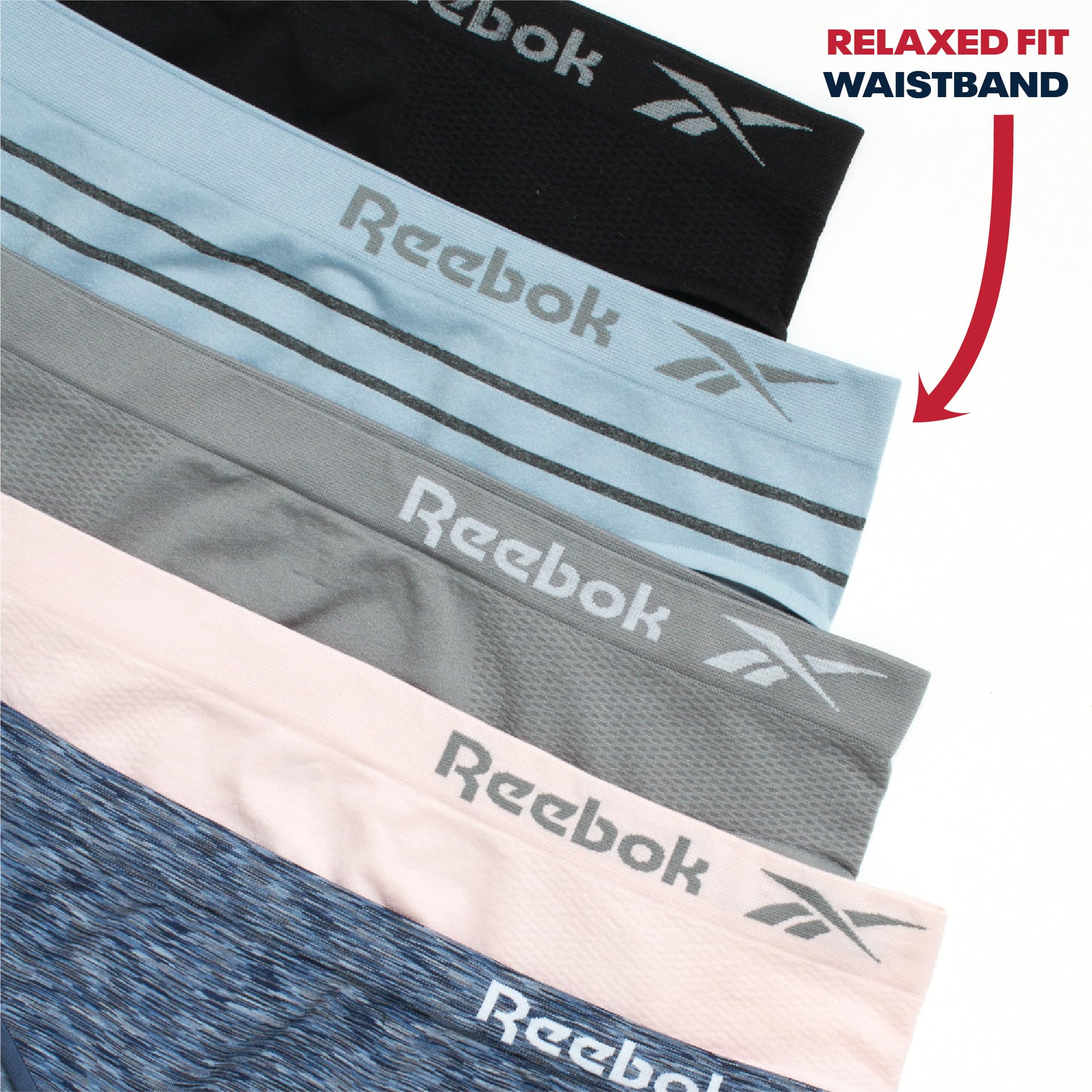 Reebok Bielizna damska - bezszwowe majtki bikini (5 sztuk), Czarny/Ashley Blue Melange Stripe/skóra rekina/miękki różowy/ciemny dżins Spacedye, S