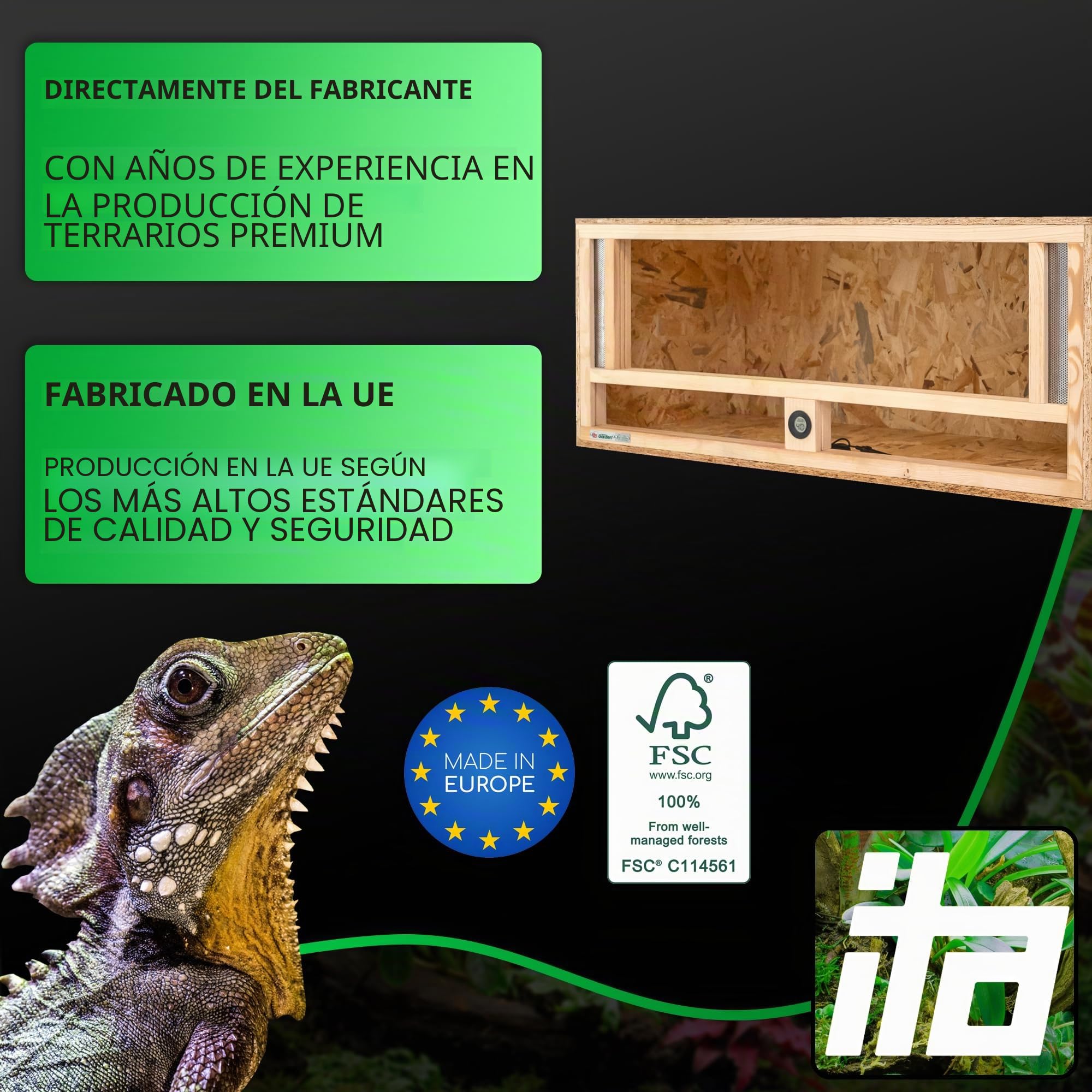 ITA Terrario de Madera 100x40x40 cm con ventilación Frontal e higrómetro Integrado - Terrarios de OSB-3 - para Reptiles, Serpientes, Anfibios - Producto UE, Certificado FSC