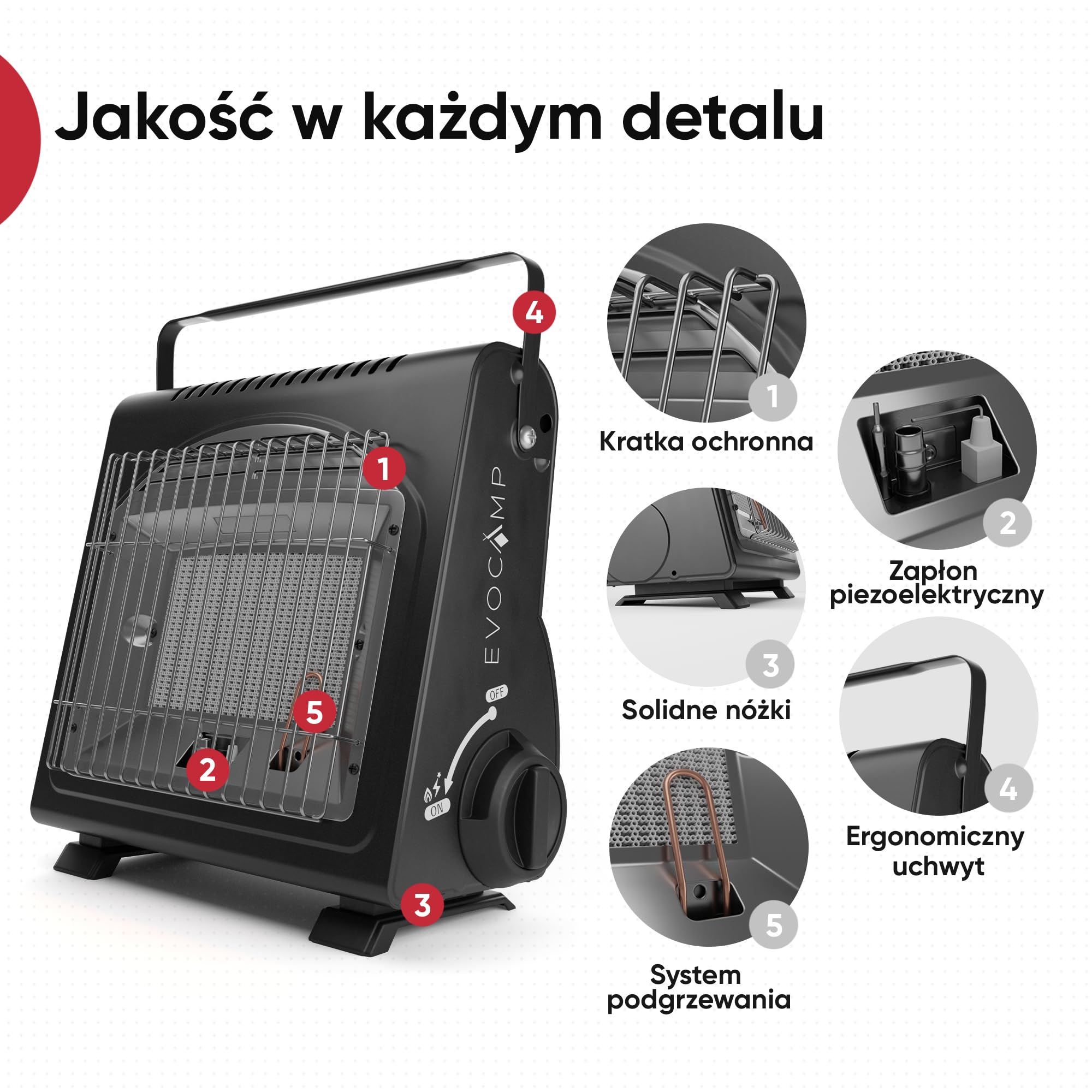 EVOCAMP przenośny grzejnik gazowy, grzejnik campingowy 1,7 kW, idealny grzejnik gazowy do użytku zewnętrznego z ODS (czujnik wypalenia tlenu), grzejnik do namiotu