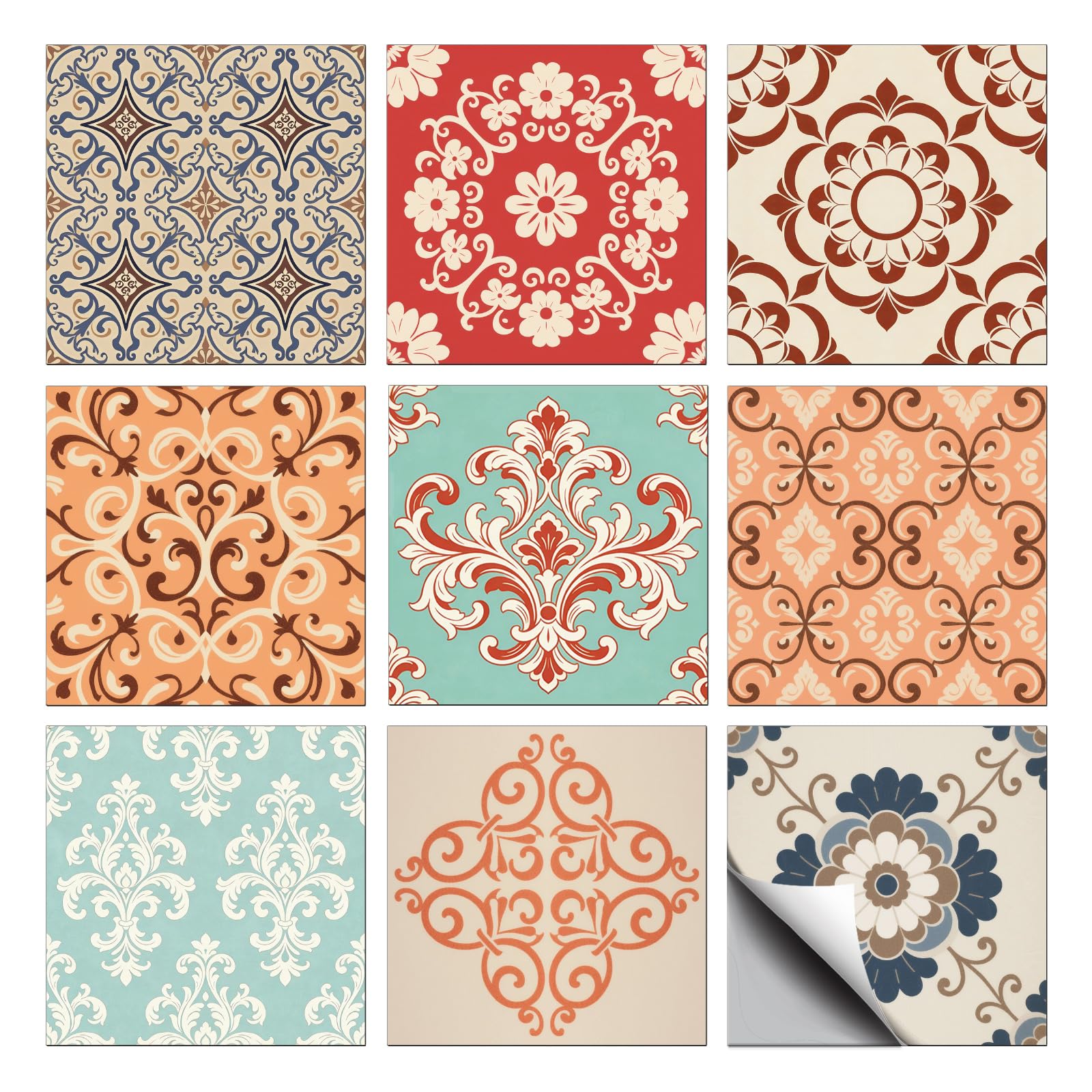 CONCHLERY 36 Pcs 9 Styles Geometric Artistic Retro Pattern Peel and Stick Tile Stickers Waterproof Self Adhesive Decals, for Kitchen Bathroom Home Wall Art Decor 4x4 Inch โ image 1