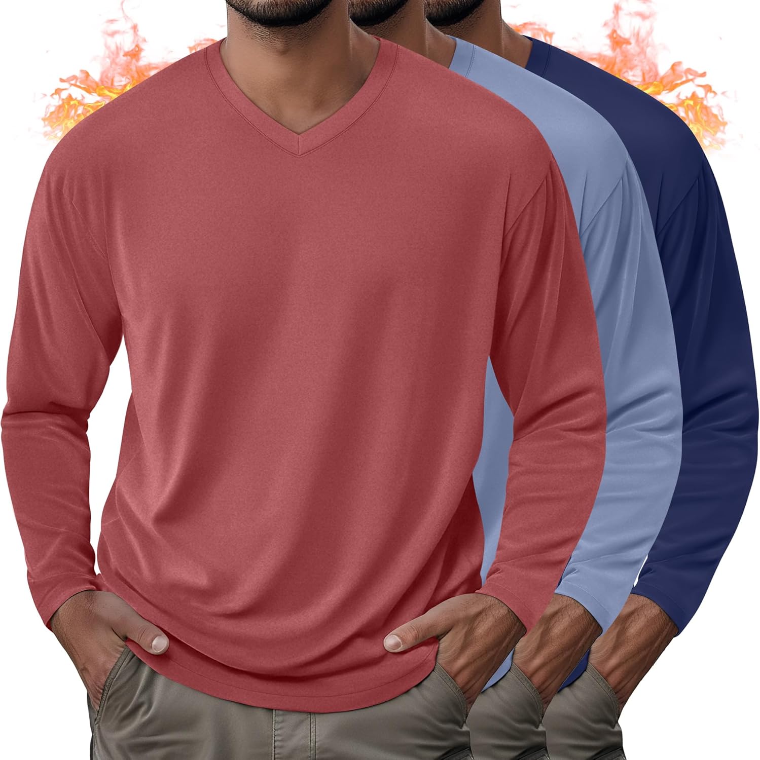 Men’s Thermal V-Neck Long Sleeve Shirts – 3 Pack Fleece Lined Warm Tops