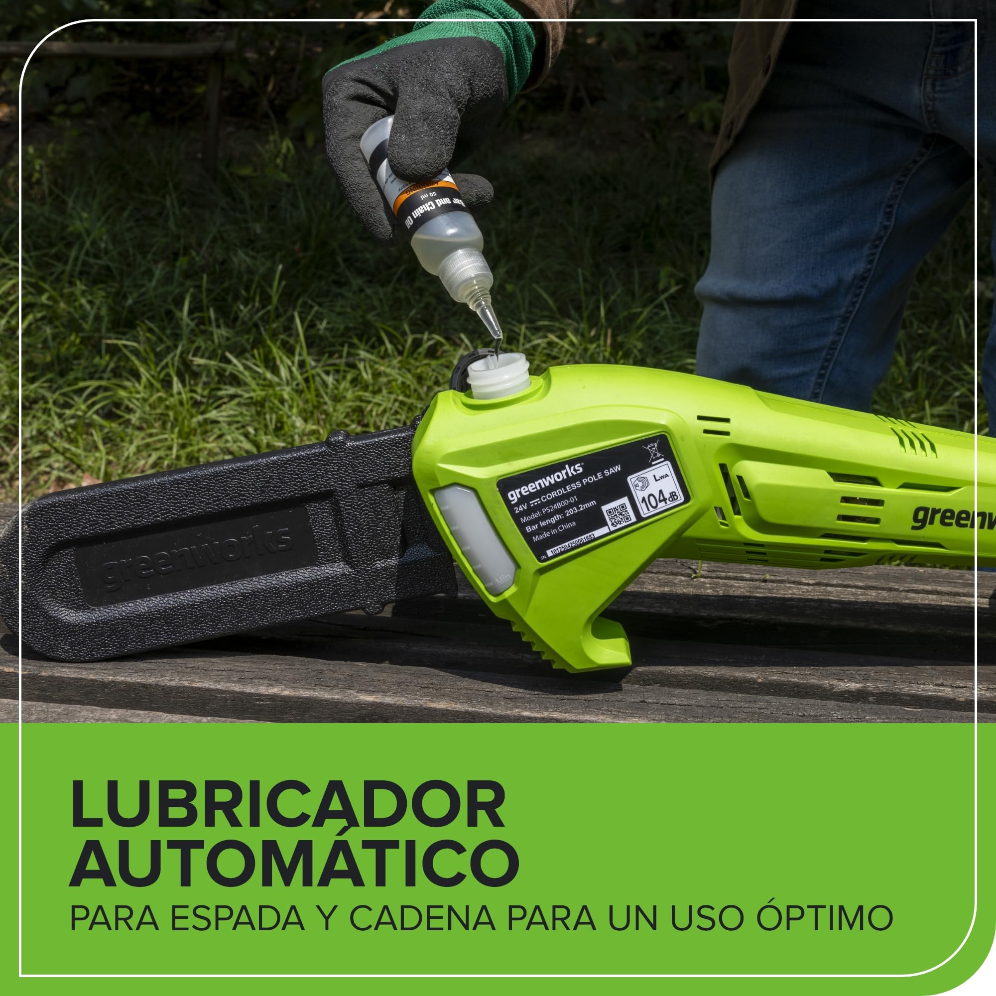 Greenworks Sierra de Pértiga Inalámbrica de 24V, Podadora de Pértiga de 2,68 m, Motosierra Eléctrica de 20 cm con Engrasador Automático, Velocidad de Cadena de 6,7 m/s (Solo Herramienta)