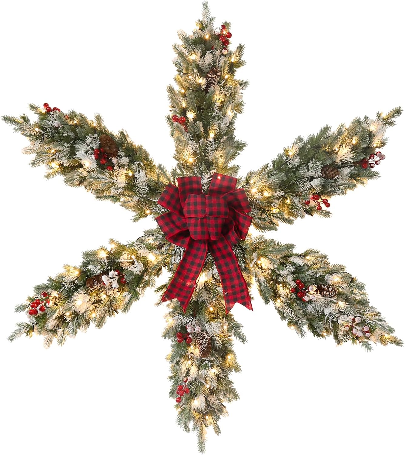 YEAHOME 48 Inch Large Christmas Wreath, 4 FT Pre-Lit Christmas Star Wreaths for Front Door with 120L Warm White LED Lights, Bow-tie, Berries, Pine Cones for Xmas Outdoor Indoor Wall Home Decorations