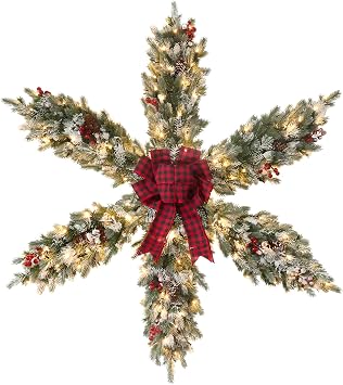 YEAHOME 48 Inch Large Christmas Wreath, 4 FT Pre-Lit Snowy Christmas Star Wreaths for Front Door with 120L Lights, Bow-tie, Berries, Pine Cones, Snowflake for Xmas Outdoor Indoor Wall Home Decorations
