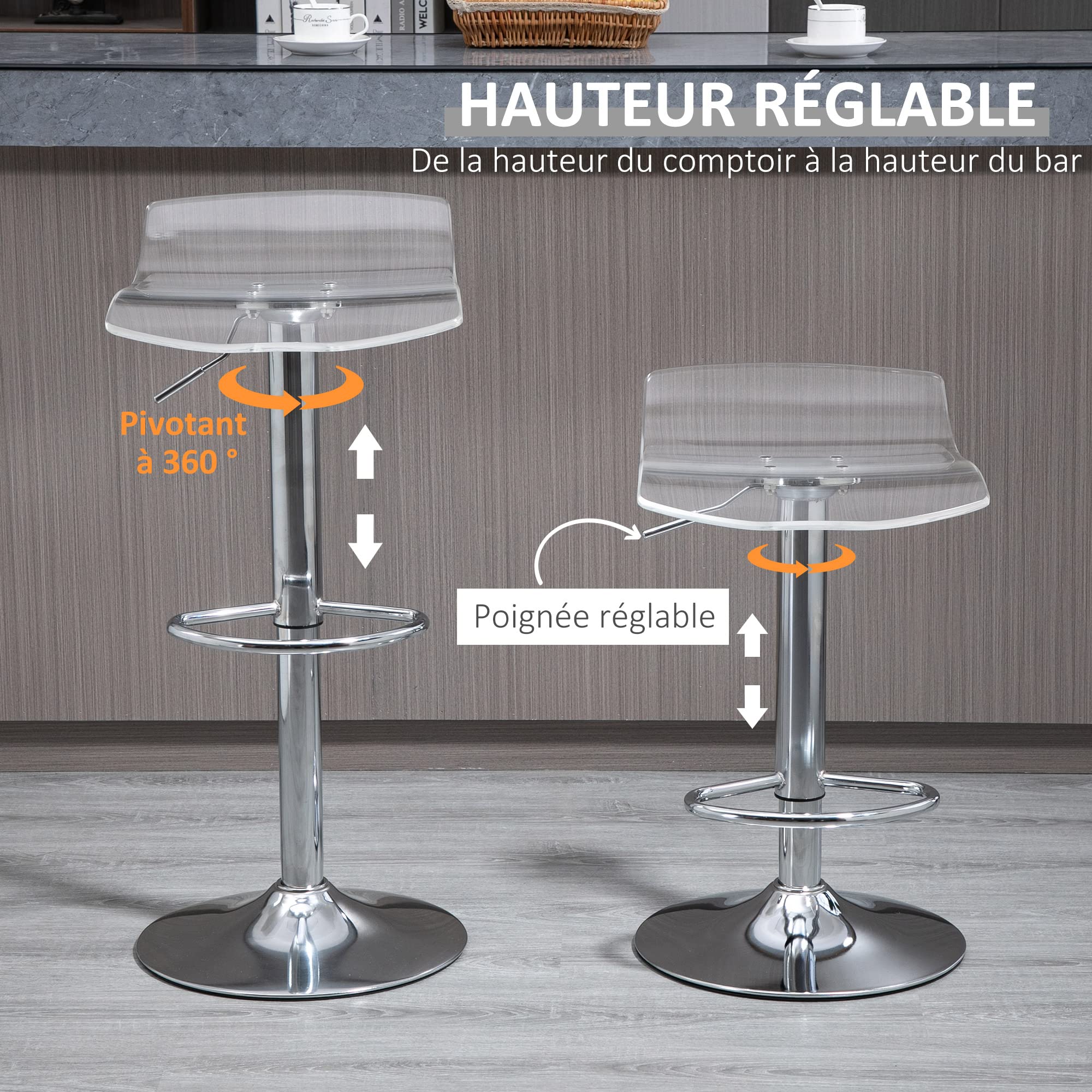 HOMCOM Lot de 2 Tabourets de Bar Assise Acrylique Pivotant 360° Transparent
