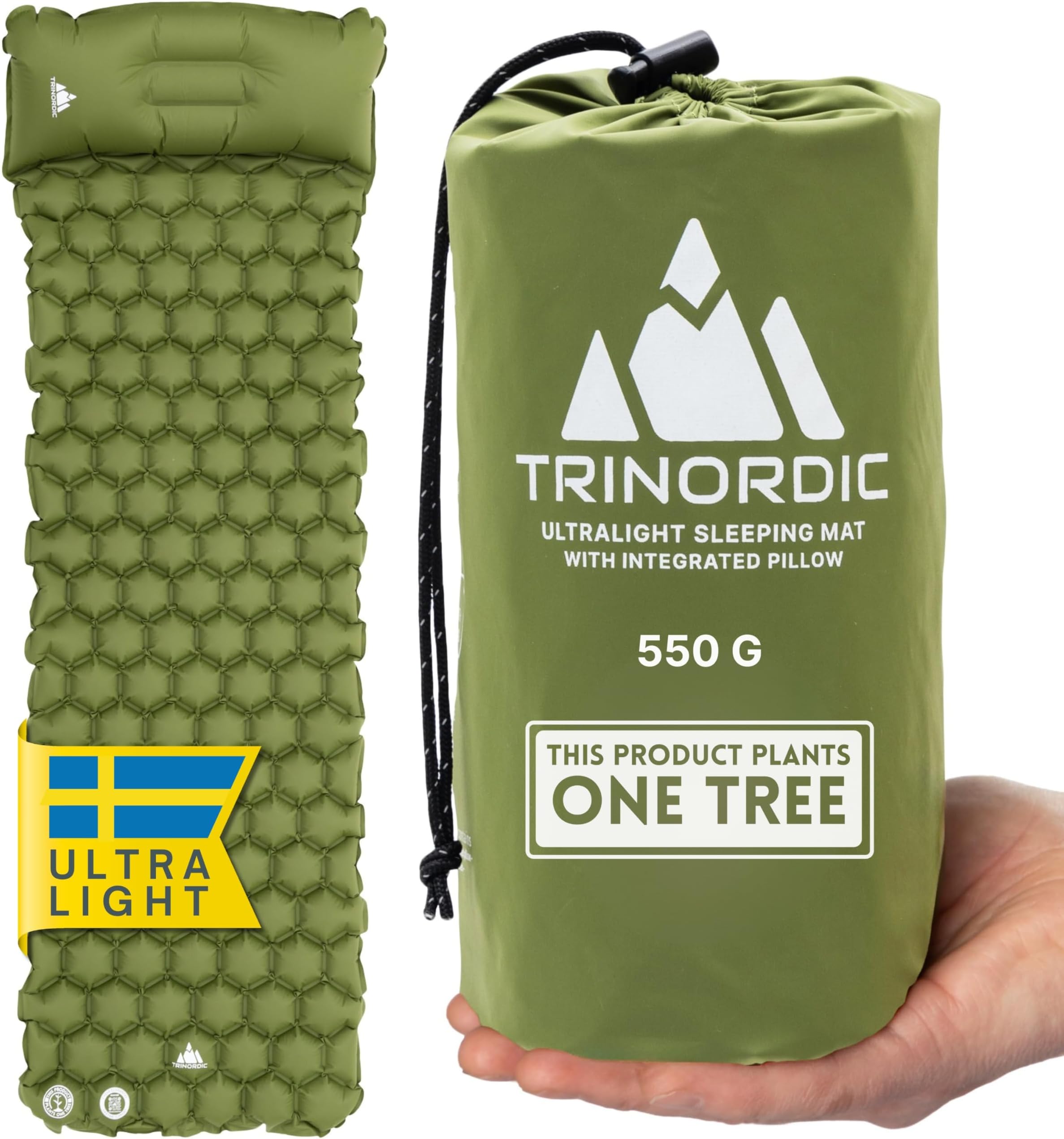 TRINORDIC Ultralight Inflatable Camping Mat - With Integrated Pillow – Lightweight (0.55kg) and Compact Outdoor Sleeping Mat for Hiking and Bikepacking