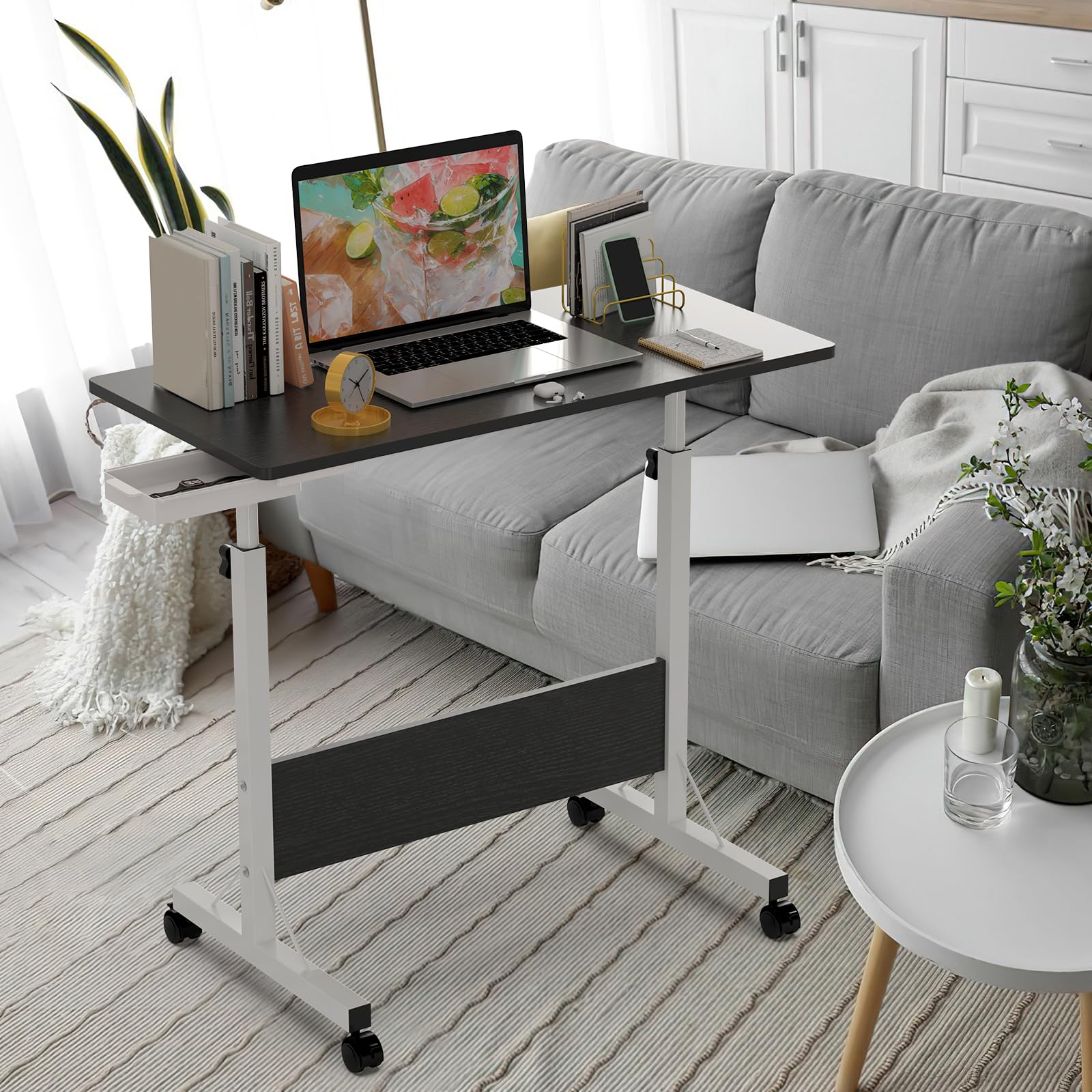 Escritorio Mesa Regulable Altura, Mesa Plegable Portatil, Mesa de Ordenador con Ruedas, Mesas Plegables Cocina, Mesa Auxiliar para Dormitorio, Oficina, Sala de Estar y habitación de los niños,Negro