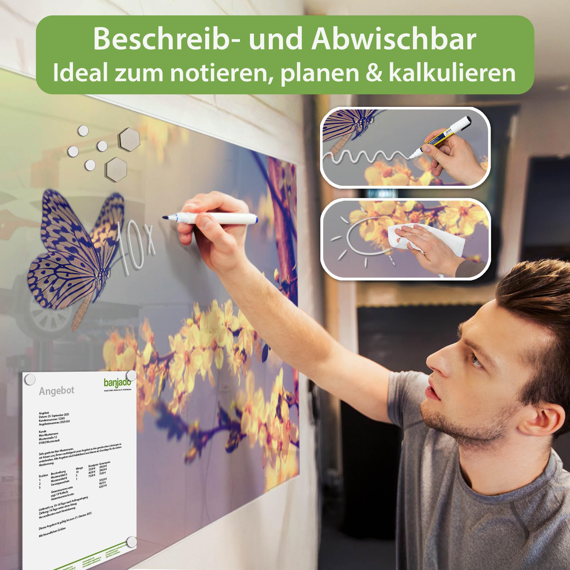 banjado Glas-Magnettafel in 75x50cm, beschreibbar mit Tiermotiv