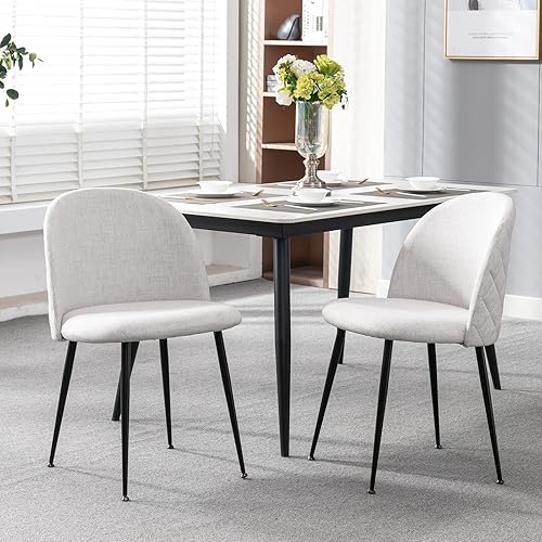 ZSARTS Juego de 2 sillas de comedor de lino beige, modernas de mediados de siglo, sillas de cocina tapizadas, sillas laterales con patas de metal