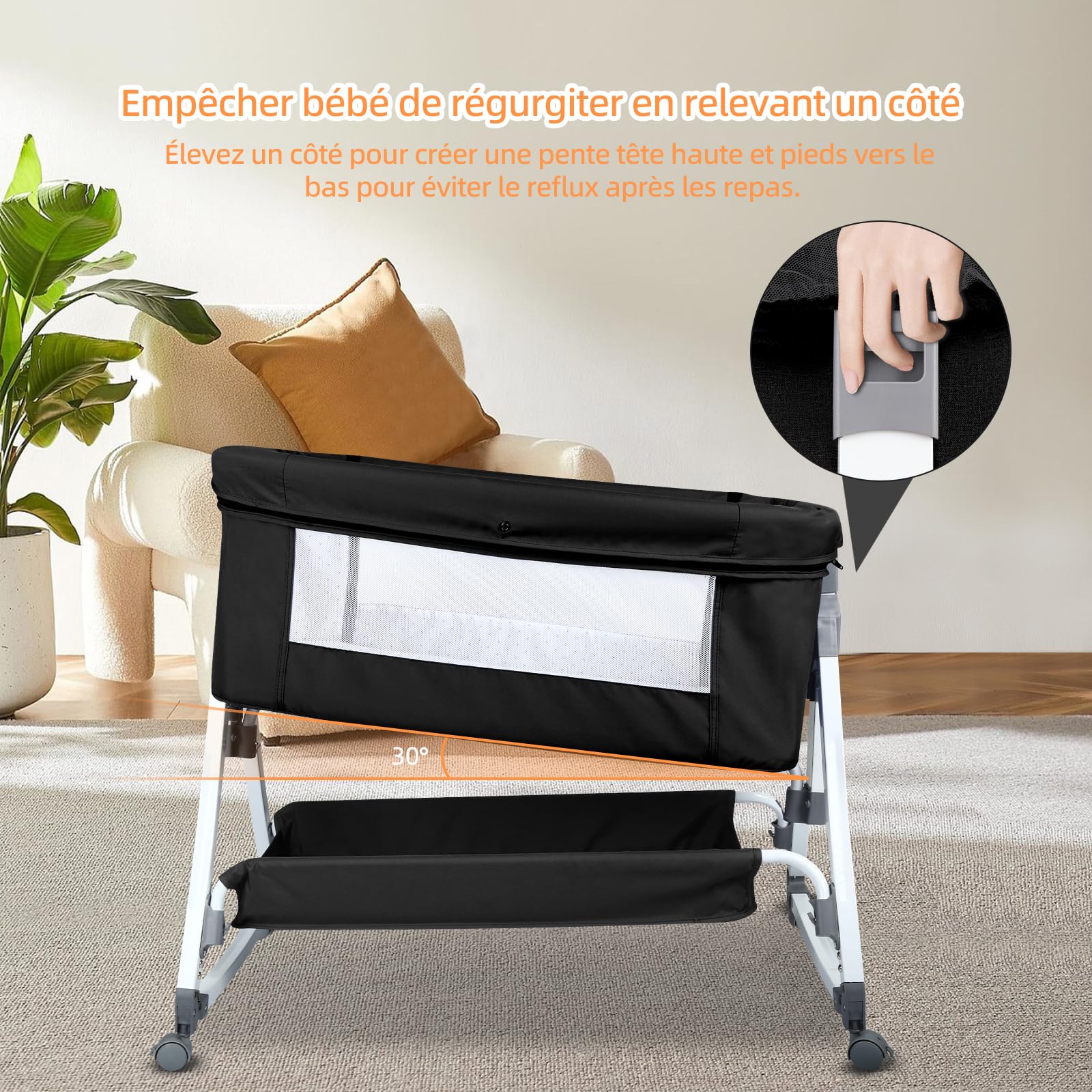 Supfine Berceau Cododo 3 en 1 pour Bébé, Hauteur et Inclinaison Réglables, 72 x 50 cm, Moustiquaire et roulettes, 1-36 Mois (Noir, 80 * 40 * 100 cm)