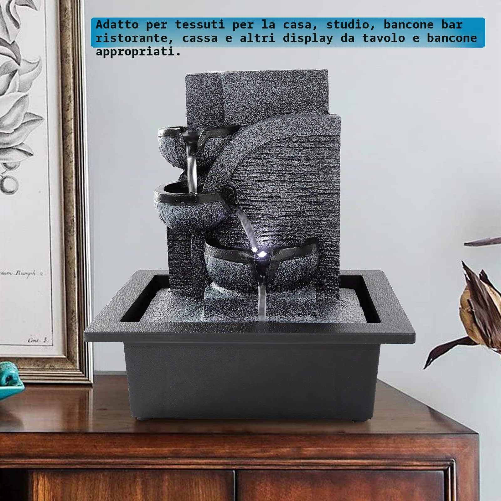 Dyna-Living Fontana per interni a LED, luce bianca, soggiorno, scrivania, fontana decorativa con illuminazione, resina, 23 x 17,5 x 27 cm