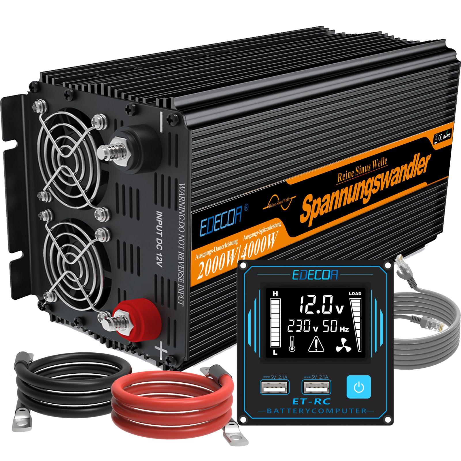 EDECOA 2000 W / 4000 W, inverter a onda sinusoidale pura da 12 V/230 V, potenza nominale 2000 watt, inverter solare da 12 V a 230 V CA con telecomando LCD, Interfacce USB e tipo C disponibili, presa