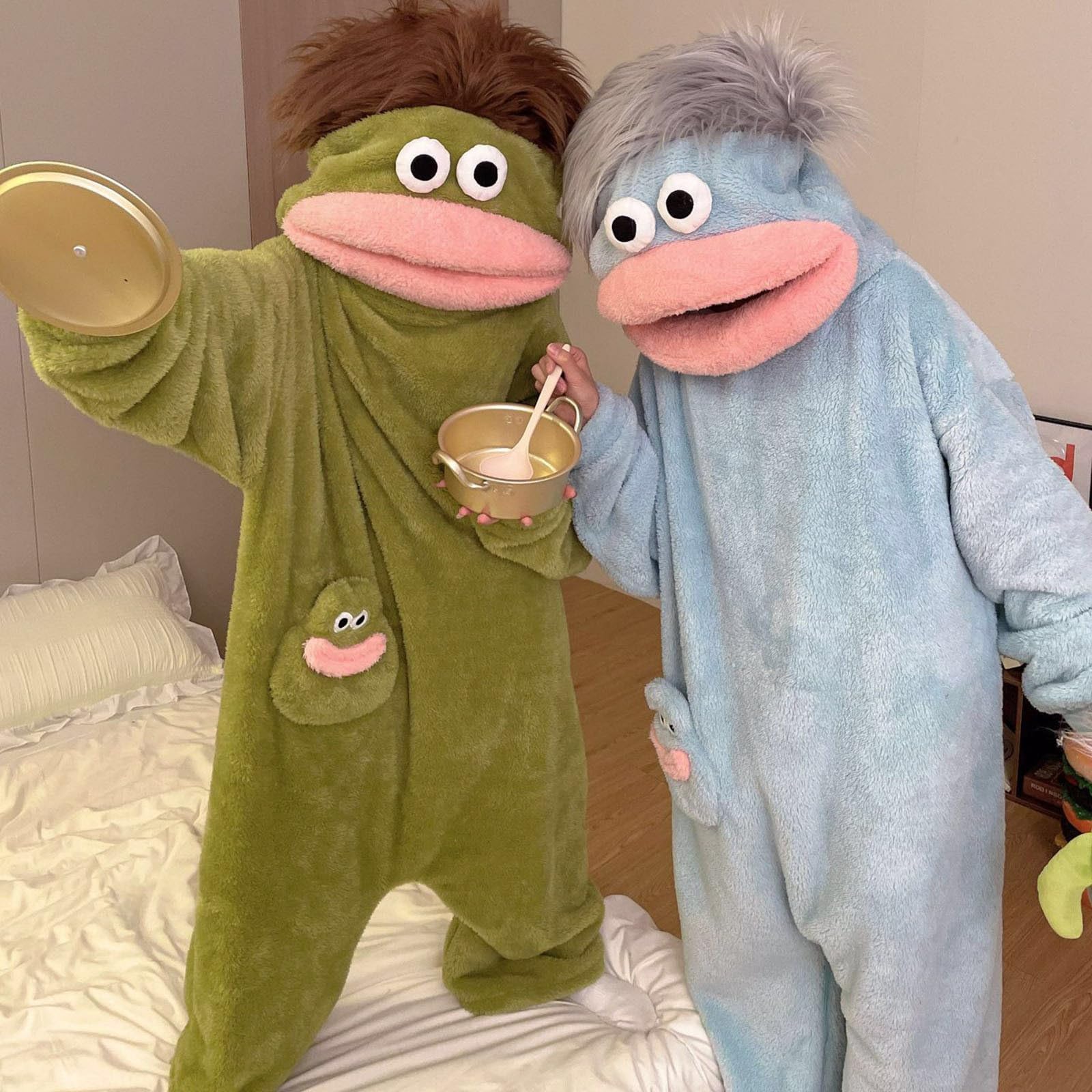 Silly Onesie Lustiger Einteiler Schlafanzug für Erwachsene Grüner Monstter-Hoodie Loose Warm Kuscheliger Ultraweicher Overall Funny Animal Costume Zuhause Bequemer Ganzkörperanzug Hausanzug Couple