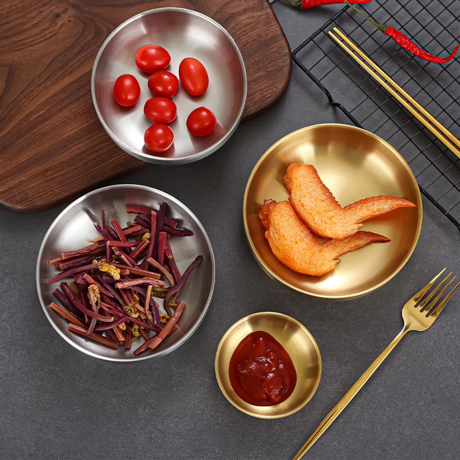 Sicheii 4 Pack Gold Stainless Steel Soy Sauce Dish, Double Deck Dipping Pinch Bowls, Small Condiment Seasoning Dip Bowls - Image 3