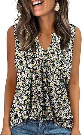 KISSMODA Tank Tops for Women Summer Casual Sleeveless Shirts Dressy Trendy V Neck Tunics Loose Notched Blouses S-3XL