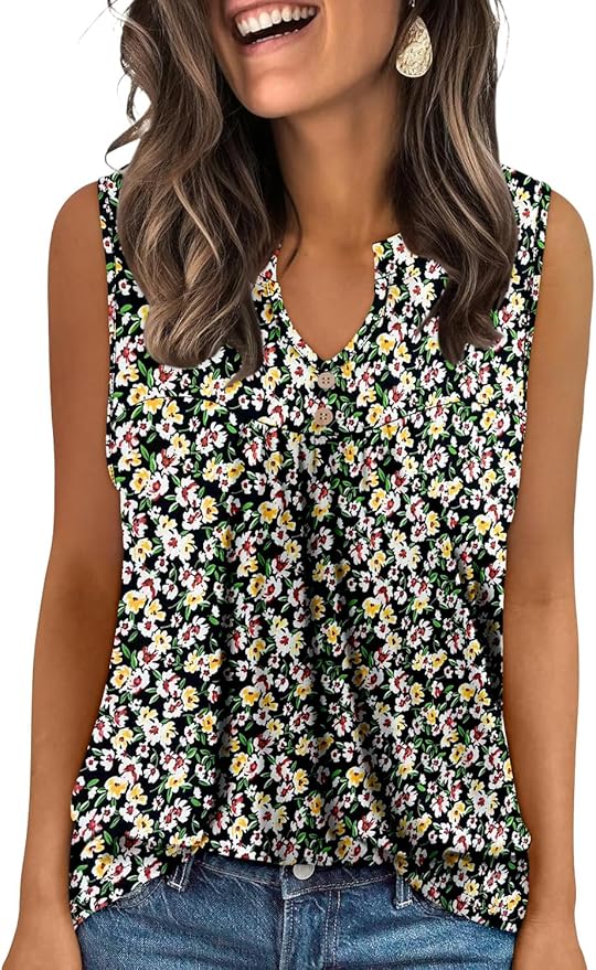 KISSMODA Tank Tops for Women Summer Casual Sleeveless Shirts Dressy Trendy V Neck Tunics Loose Notched Blouses S-3XL