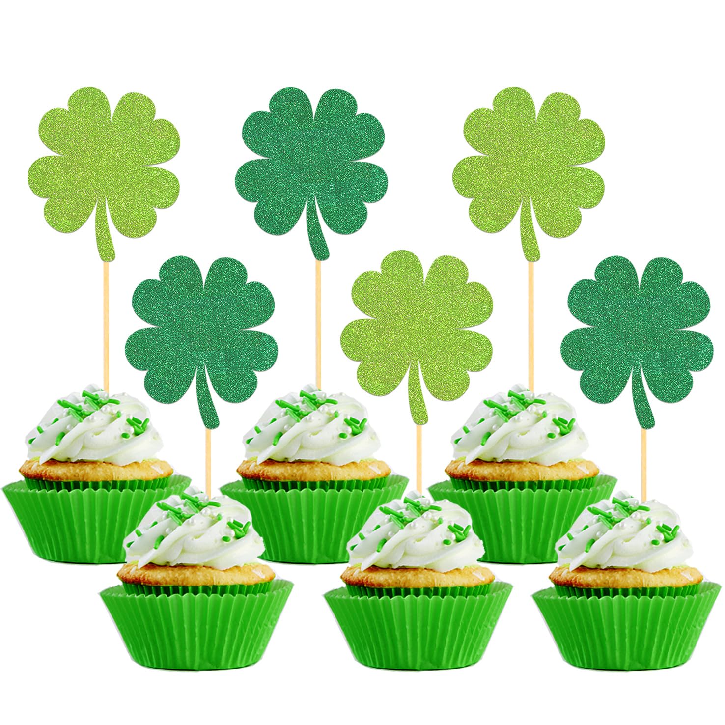 24 Pcs St Patrick's Day Cupcake Toppers, Four Leaf Clover Leprechaun Hat Horseshoe Shamrock Cupcake Toppers for St Patrick's Day Party Decorations (Trefoil B)