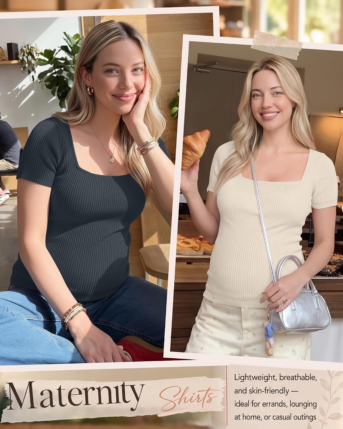 Ficerd 4 Pack Women's Maternity Shirts Ribbed Pregnancy Tops Short Sleeve Square Neck Tee Summer Basic Casual Clothes