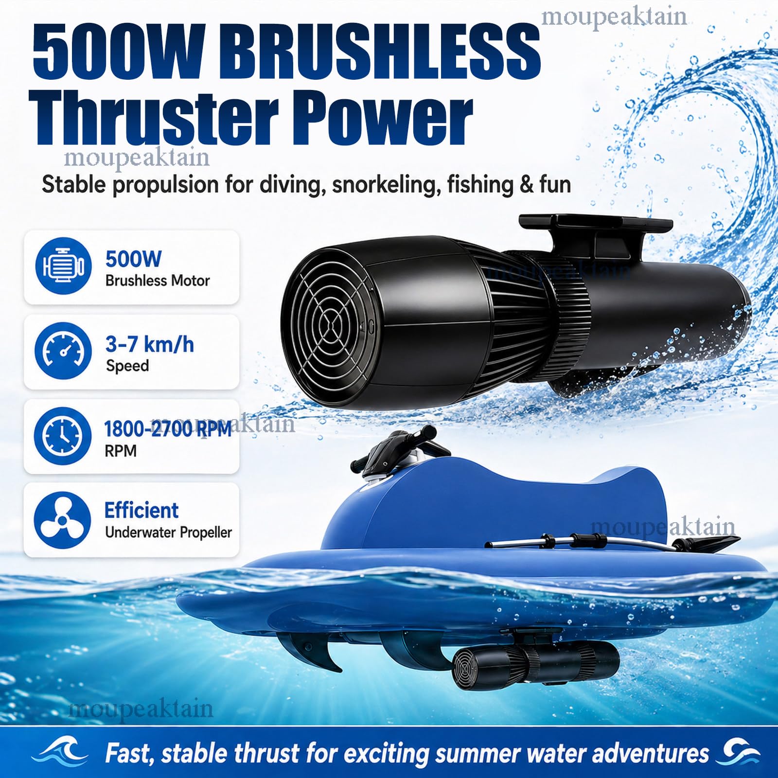 Barco Jet Eléctrico Hinchable para 2 Personas con Scooter Subacuático 500W/700W, Velocidad 3–9 km/h, Autonomía 130 min, Profundidad 40 m – para Buceo, Pesca y Aventuras en la Costa 16A