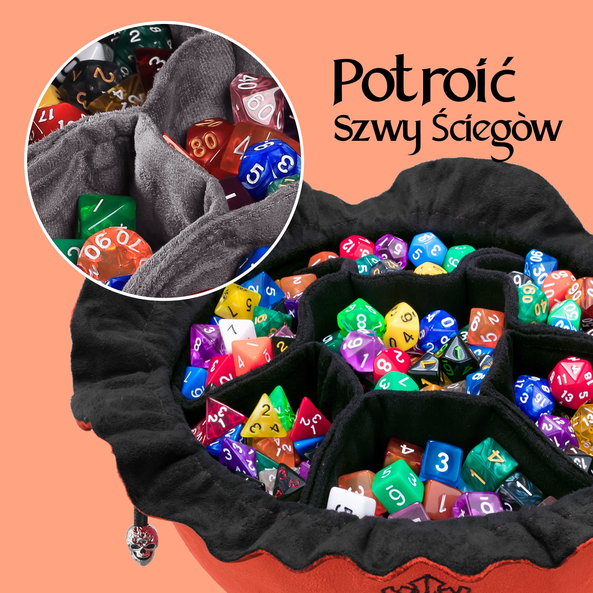 CardKingPro Ogromna Torba na Kości z Kieszeniami - Spalona Pomarańcza - Pojemność 150+ Kości - Świetny Organizer dla Kolekcjonerów, Idealna do Dungeons and Dragons [Opatentowany Design]