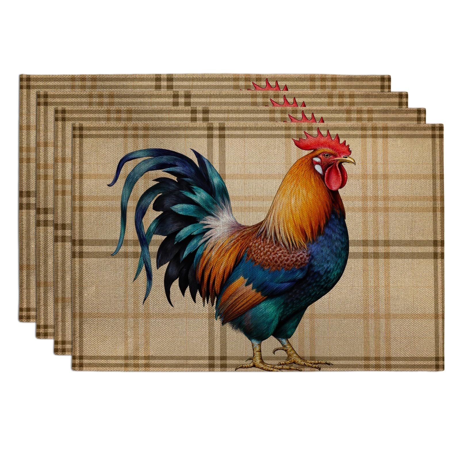 Rooster Print Placemats, Colorful Farmhouse Style Table Mats for Dining, Rustic Kitchen Decor, Non-Slip Washable Indoor Outdoor Placemat Set of 4
