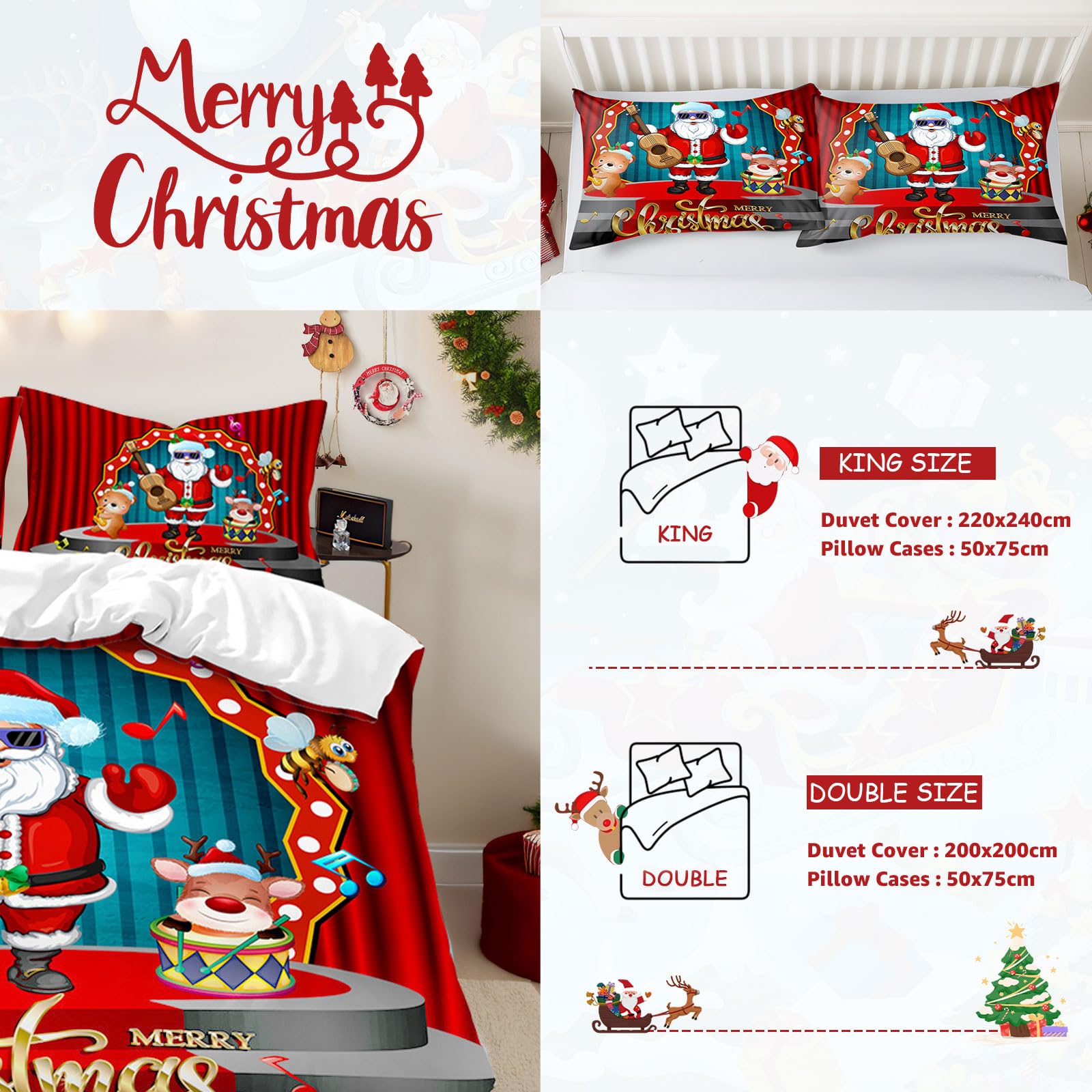 Christmas Duvet Cover Set King Size Santa Easy Care Xmas Bedding Set Christmas Reindeer Santa Claus playing guitar Printed King Size Red Quilt Bedding Set include 1 Duvet Cover 2 Pillow Style 3 - Image 4
