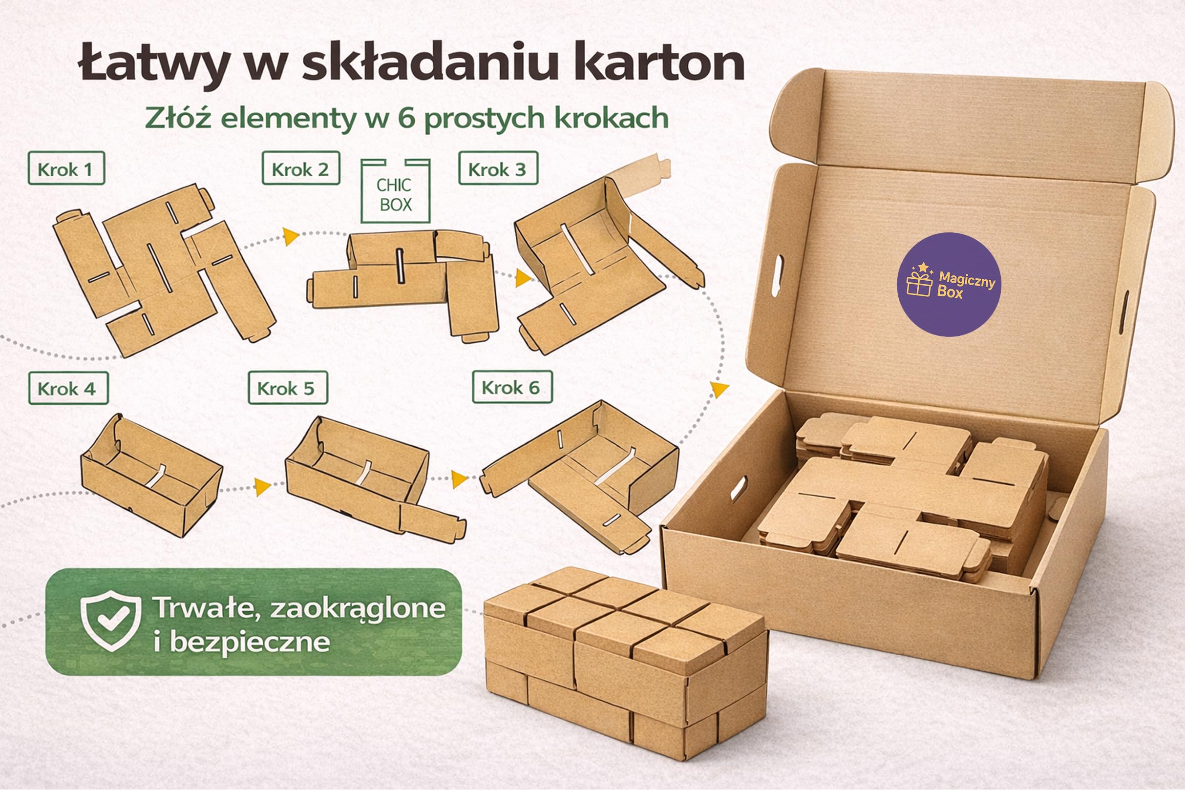 CHIC BOX Kartonowe Klocki Konstrukcyjne 100 Elementów dla Dzieci 3+ Kreatywny Zestaw do Budowy Domków Baz i Zamków