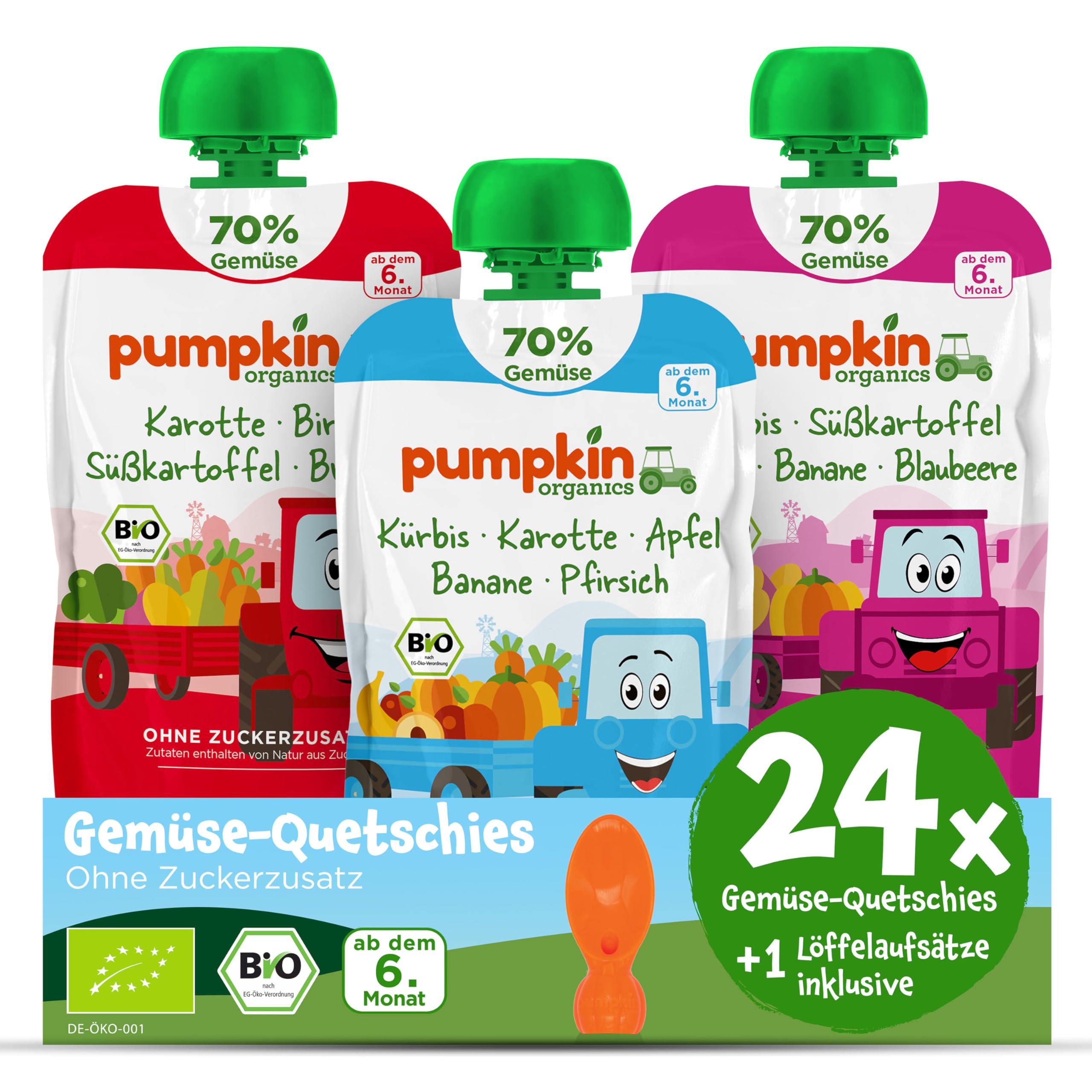 Pumpkin Organics 24er Pack ERSTE LIEBE Bio Gemüse-Quetschies mit 1 Löffelaufsatz - Quetschie ohne Zuckerzusatz¹ - Beikost unterwegs - für Babys ab dem 6. Monat - Kennenlernpaket (24x100g)
