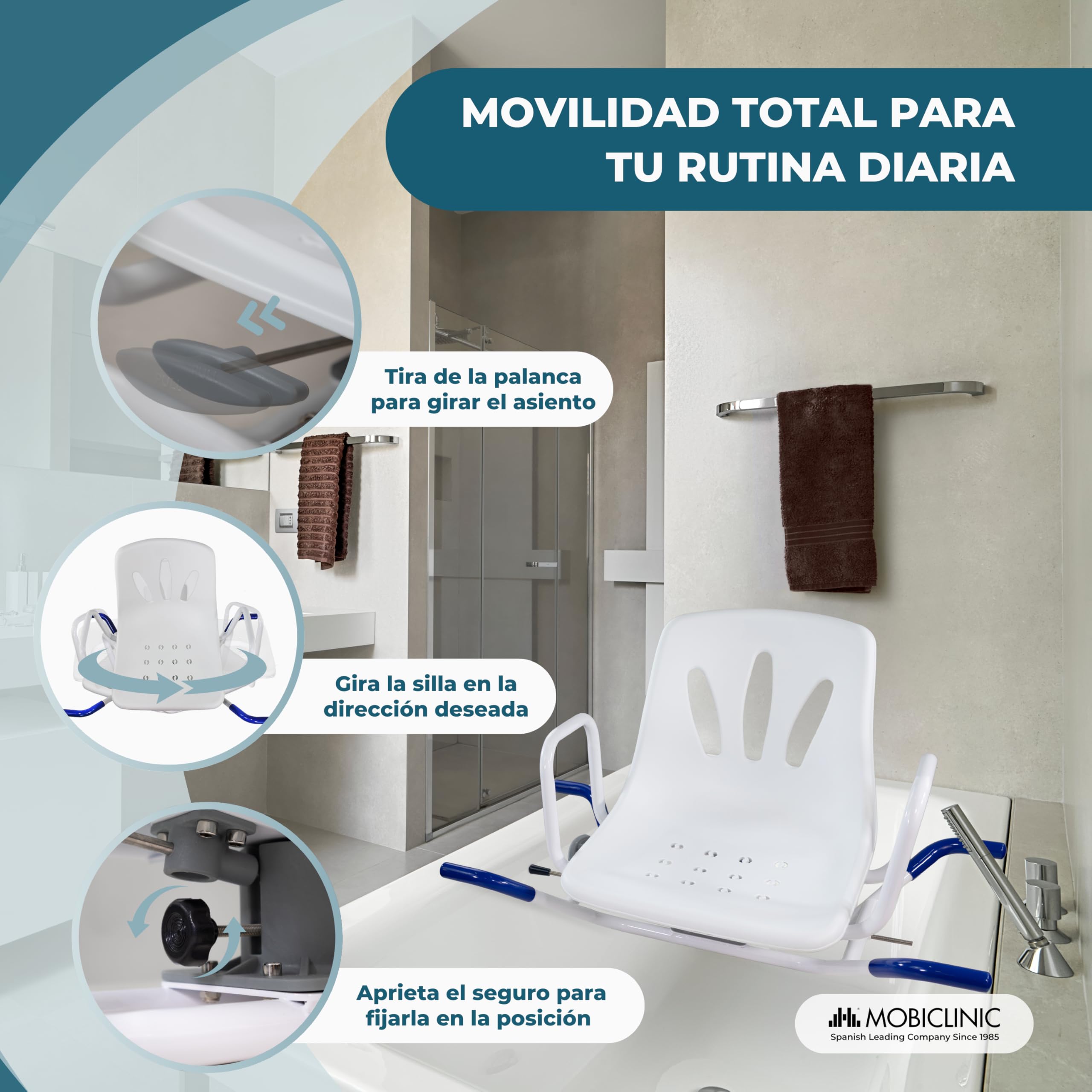 Mobiclinic®, Silla de Baño Giratoria 360º, Reposabrazos y Respaldo, Anatómica, Marca española, Resistente al Agua, para Personas Mayores, con discapacidad o Movilidad Reducida, Lago
