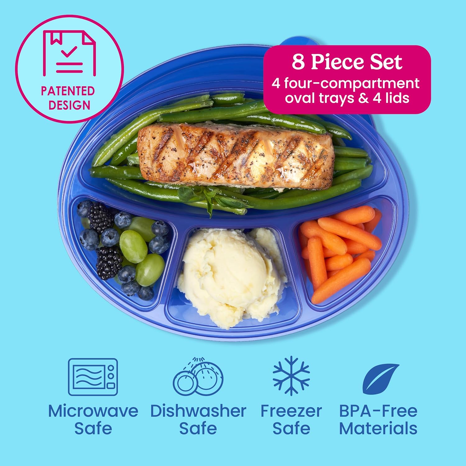 Bentgo Easyboxes 4-Compartment Oval Containers - Patented Design 8-Piece Set; 4 Trays & 4 Fitted Lids Seal in Freshness; Reusable Food Storage & Meal Prep BPA-Free Containers (Jewel Brights) - Image 3
