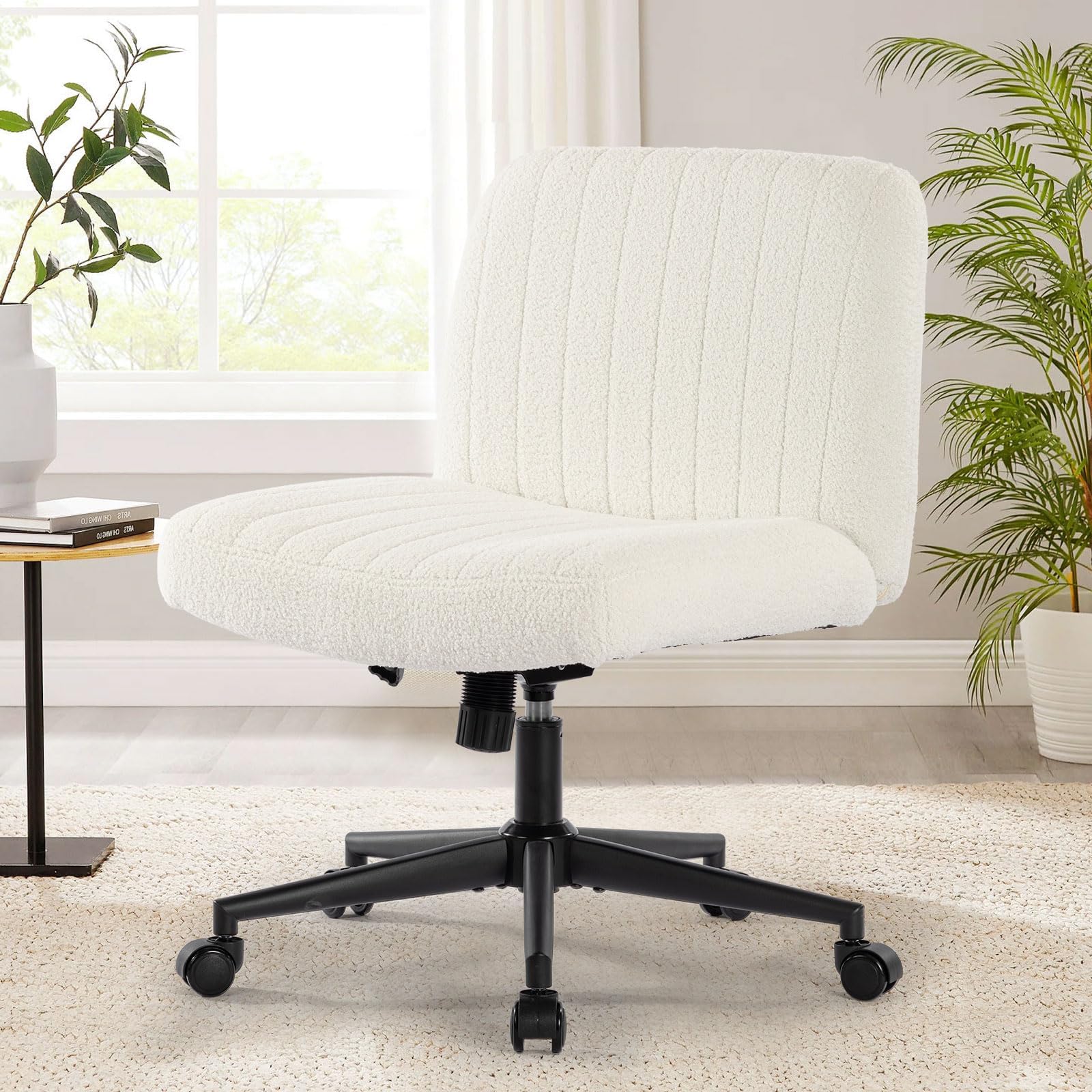 Armless Wide Office Chair with Wheels Crossleg Office Chair 120° Rocking Mid Back White Sherpa Ergonomic Computer Task Chairs for Make Up