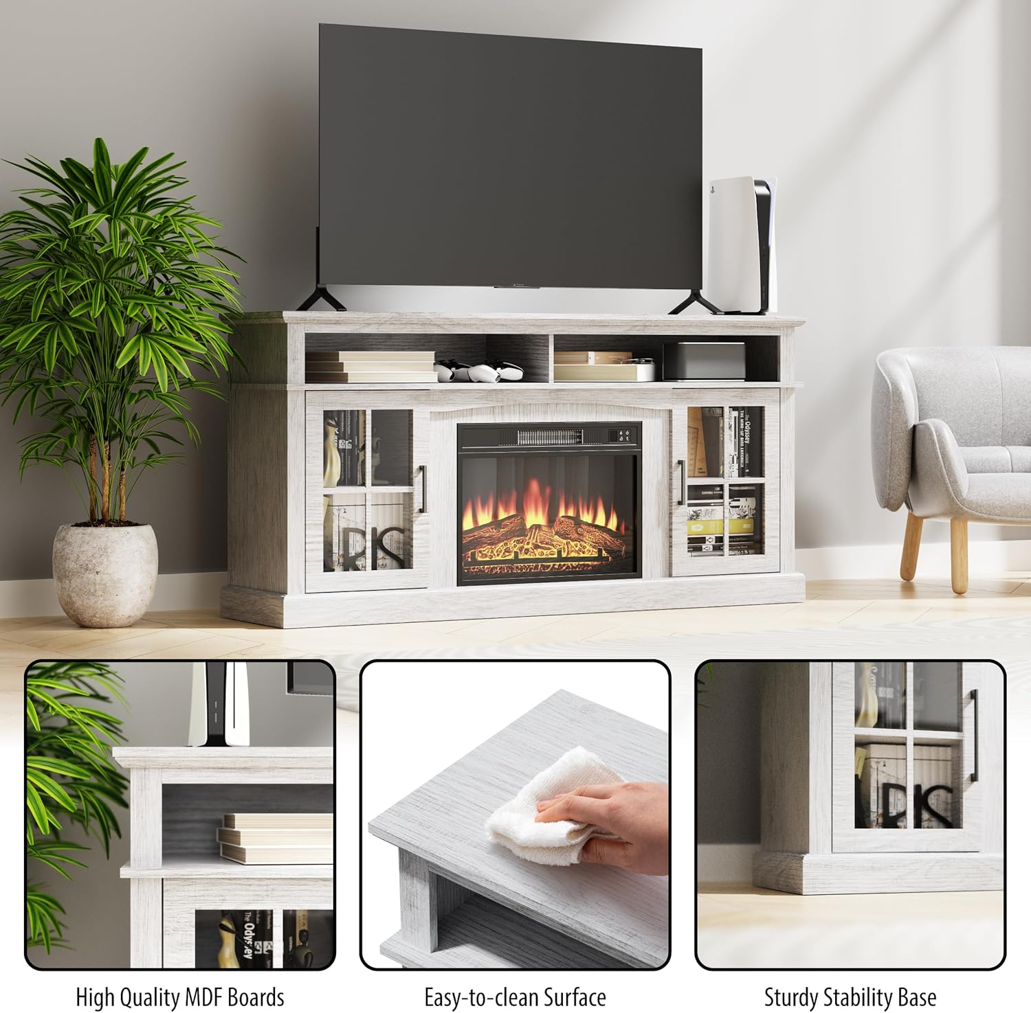 58'' Fireplace TV Stand with 23'' Electric Fireplace Insert, Entertainment Center Media Console Table for Living Room, Wood TV Stand with Glass Door Cabinets for TVs 50-65 inches