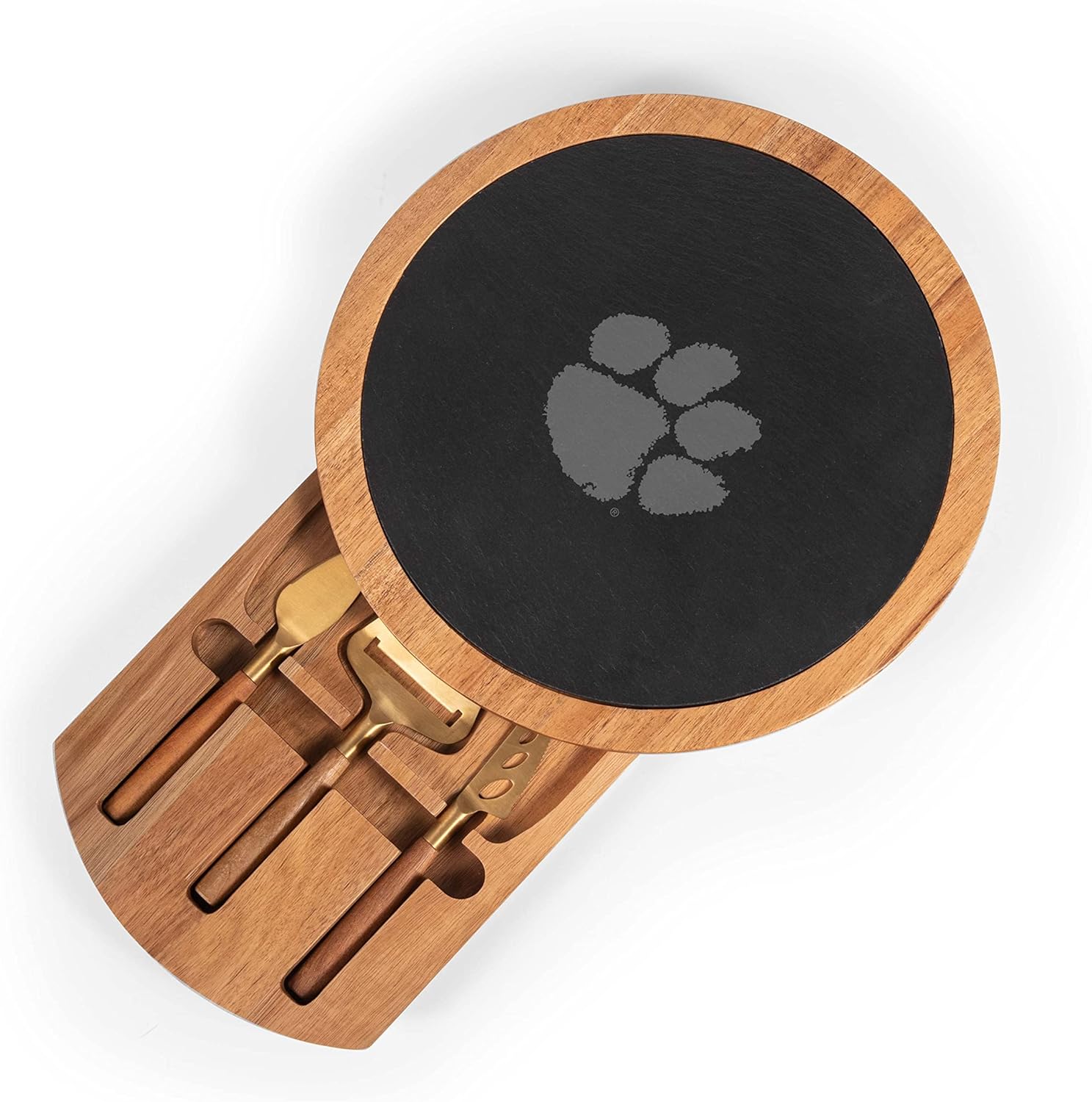 PICNIC TIME NCAA Insignia - Acacia and Slate Serving Board with Cheese Tools, (Acacia Wood & Slate Black with Gold Accents)